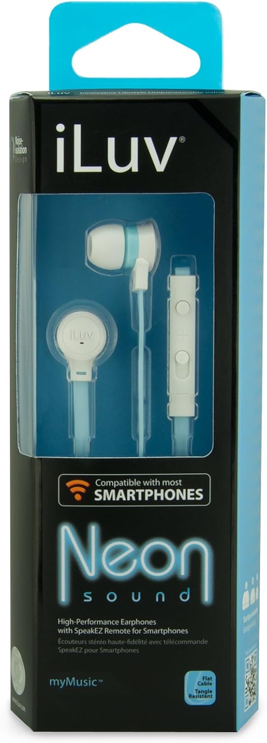 iLuv In-Ear High Performance Stereo Earphones with Mic for Hands Free Call, Volume Control Remote, Tangle-Resistant Flat Cable, Noise Isolation, Durable Design, and 3 Size Ear Tips(White Blue Neon)