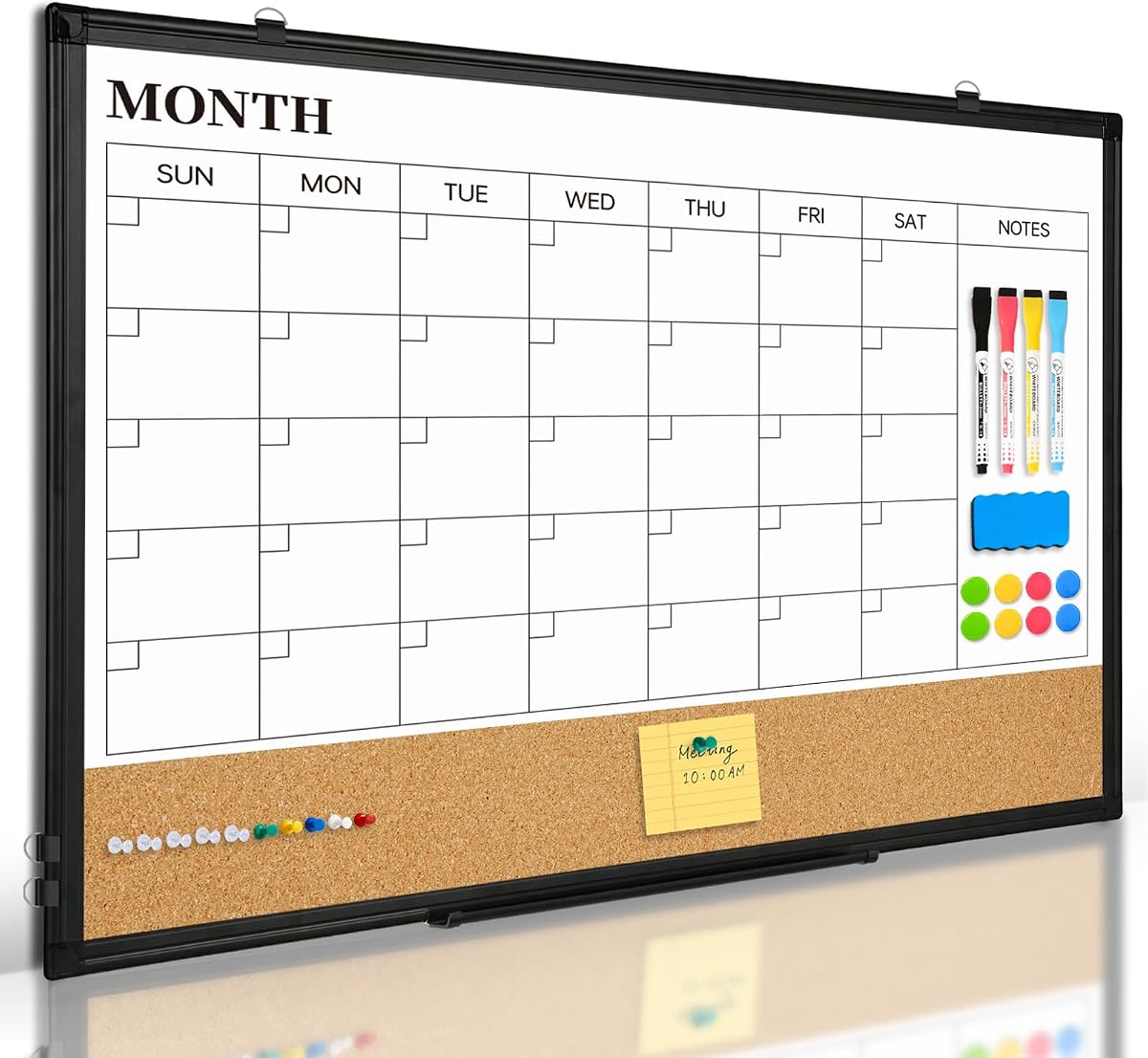 Monthly Dry Erase Calendar Whiteboard with Corkboard, 30" x 20", Black | Magnetic, White Board Cork Board Combo, Double Sided, Wall Mounted, Aluminum Frame, for Home, Office, Kitchen, Dorm