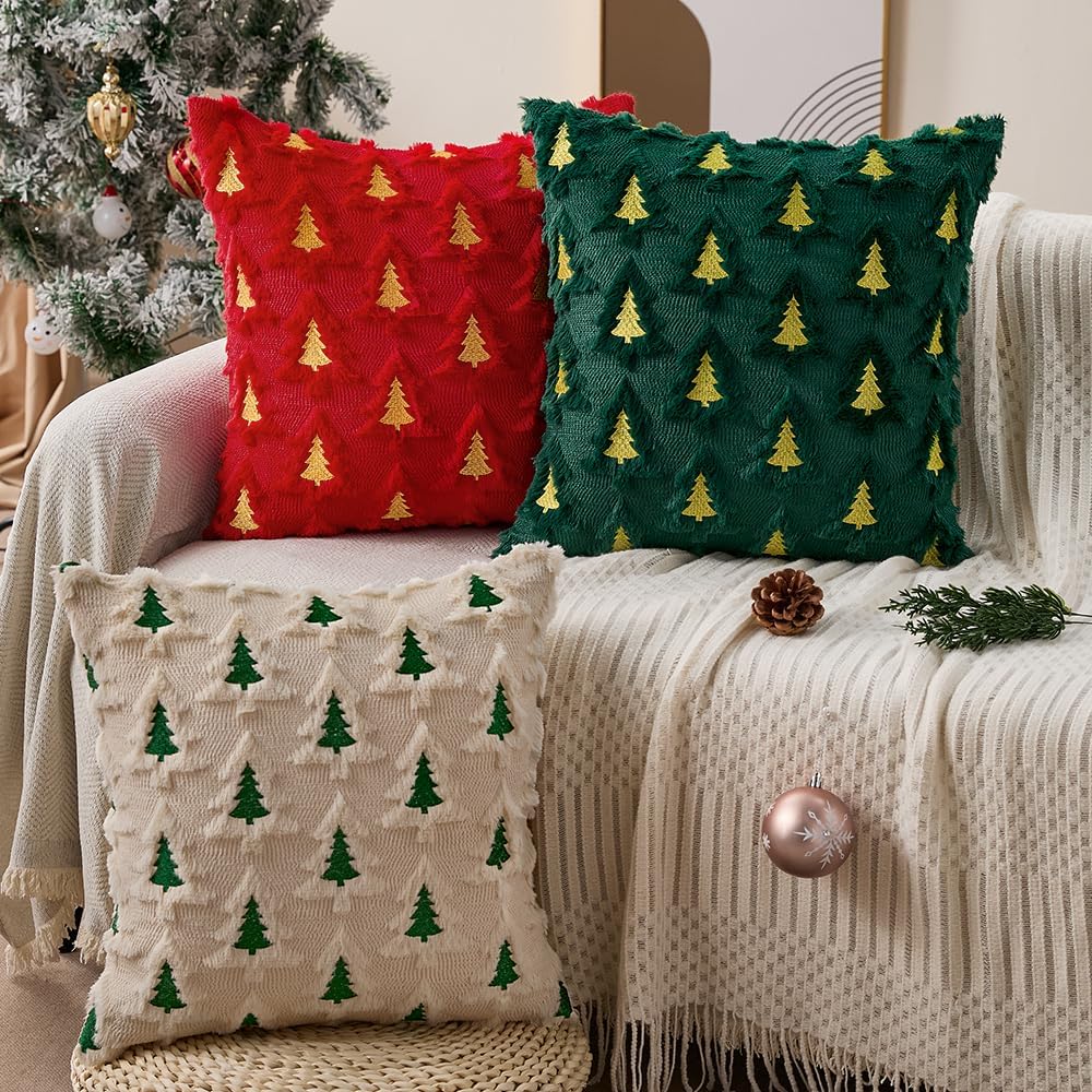 Christmas Pillow Covers 16x16 Set of 2 Beige Double Xmas Tree Pillow Covers Soft Plush Faux Fur Christmas Decorations for Xmas Winter Holiday Home Bedroom Sofa Cushion Cases PT-008C16 - Image 5