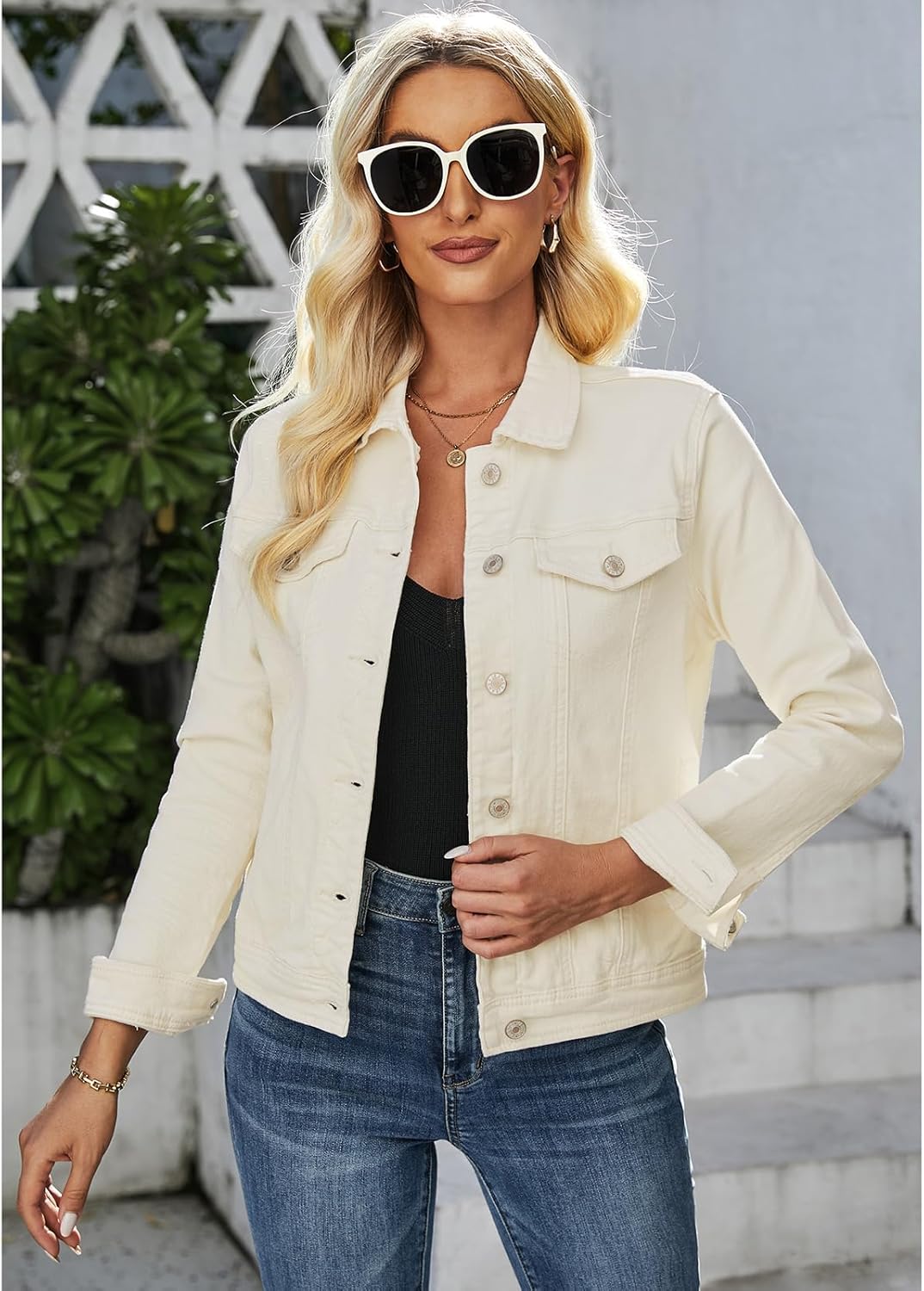 luvamia Women's Basic Button Down Stretch Fitted Long Sleeves Denim Jean Jacket - Image 4