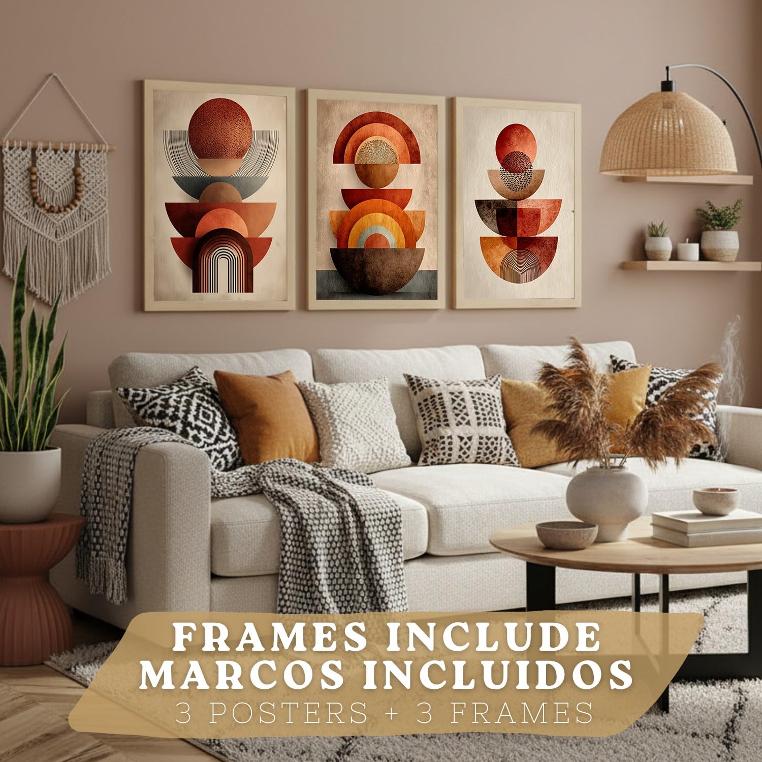 Nacnic Lot De 3 Affiches Formes Abstraites – Décoration Moderne Rouge Orange, Salon Chambre Cuisine Salle De Bain A3 Cadre En Bois Léger