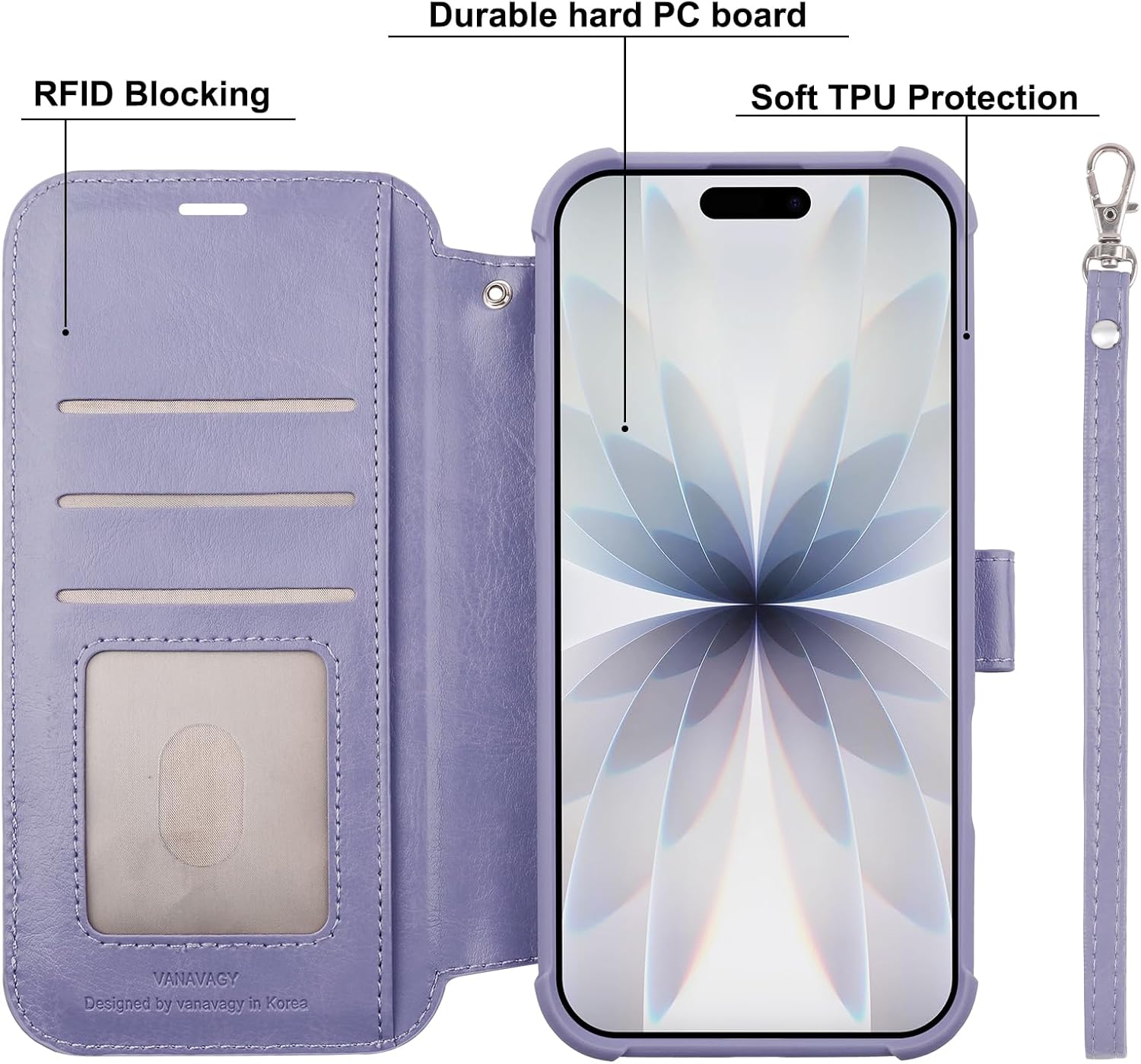 VANAVAGY Compatible for iPhone 17 Wallet Case for Magsafe Wireless Charging, PU Leather Flip Folio Shockproof Phone Cover with Wrist Strap RFID Blocking Card Holder [Screen Protector],Clove Purple