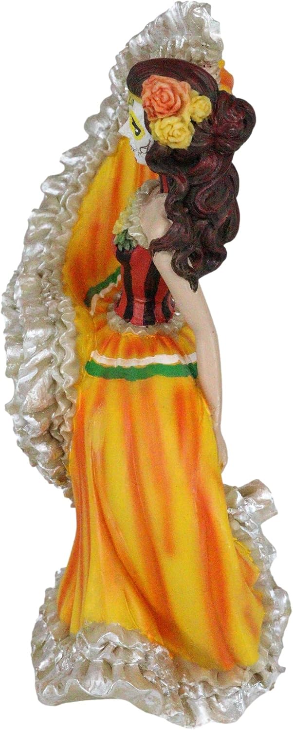 Ebros Dia De Los Muertos Day of The Dead Traditional Orange Gown Dress Dancer Figurine Sugar Skull Vivas Calacas Senorita Dancers Sculpture