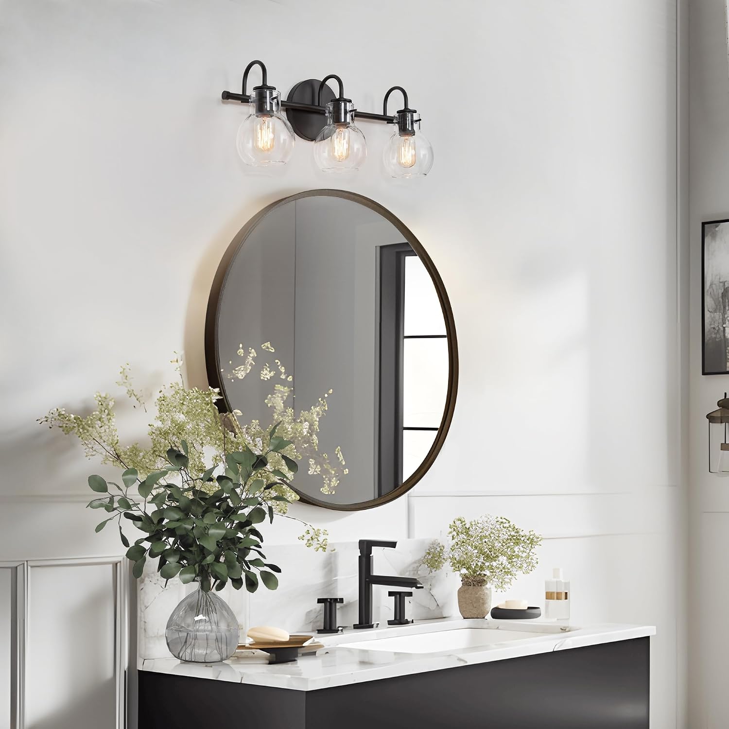 Bathroom Wall Light Fixtures, 3-Light Black Glass Vanity Light, Modern Farmhouse Wall Lamp Over Mirror for Hallway, Bedroom, Kitchen, and Living Room