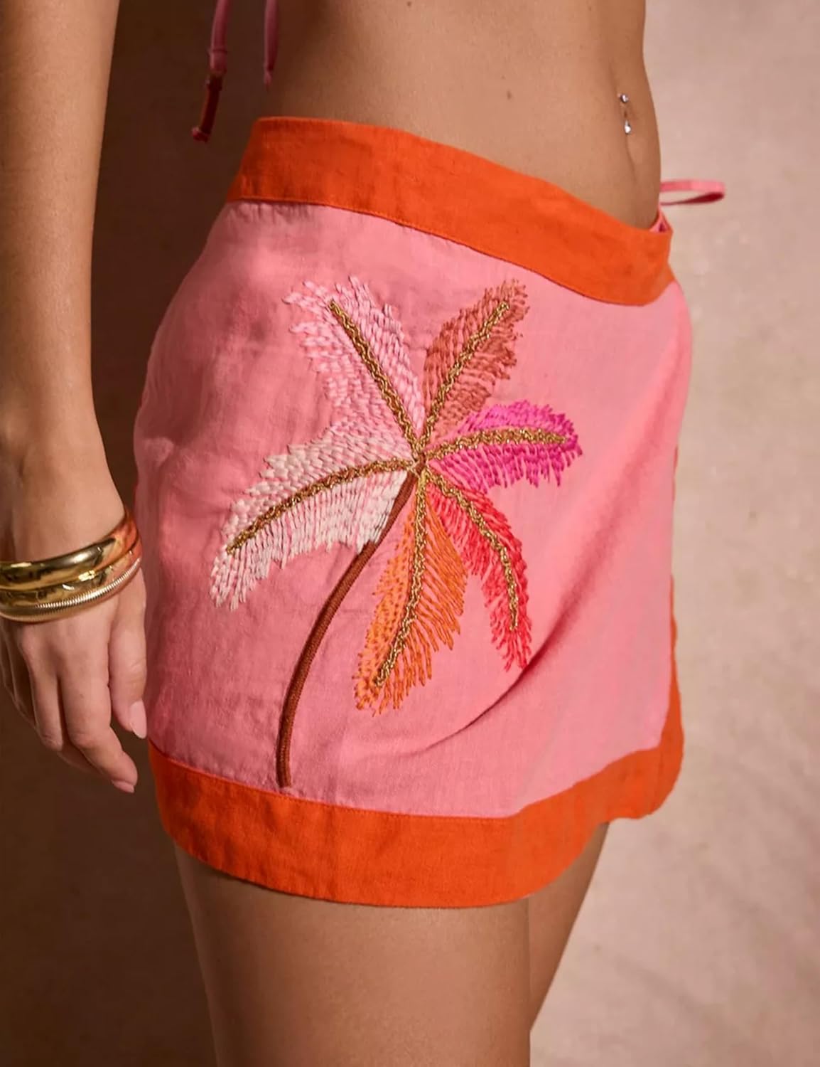 Huaqiao Women's Embroidered Wrap Mini Skirt Summer Cotton Linen Tie Side High Waist A Line Beach Boho Short Skirt