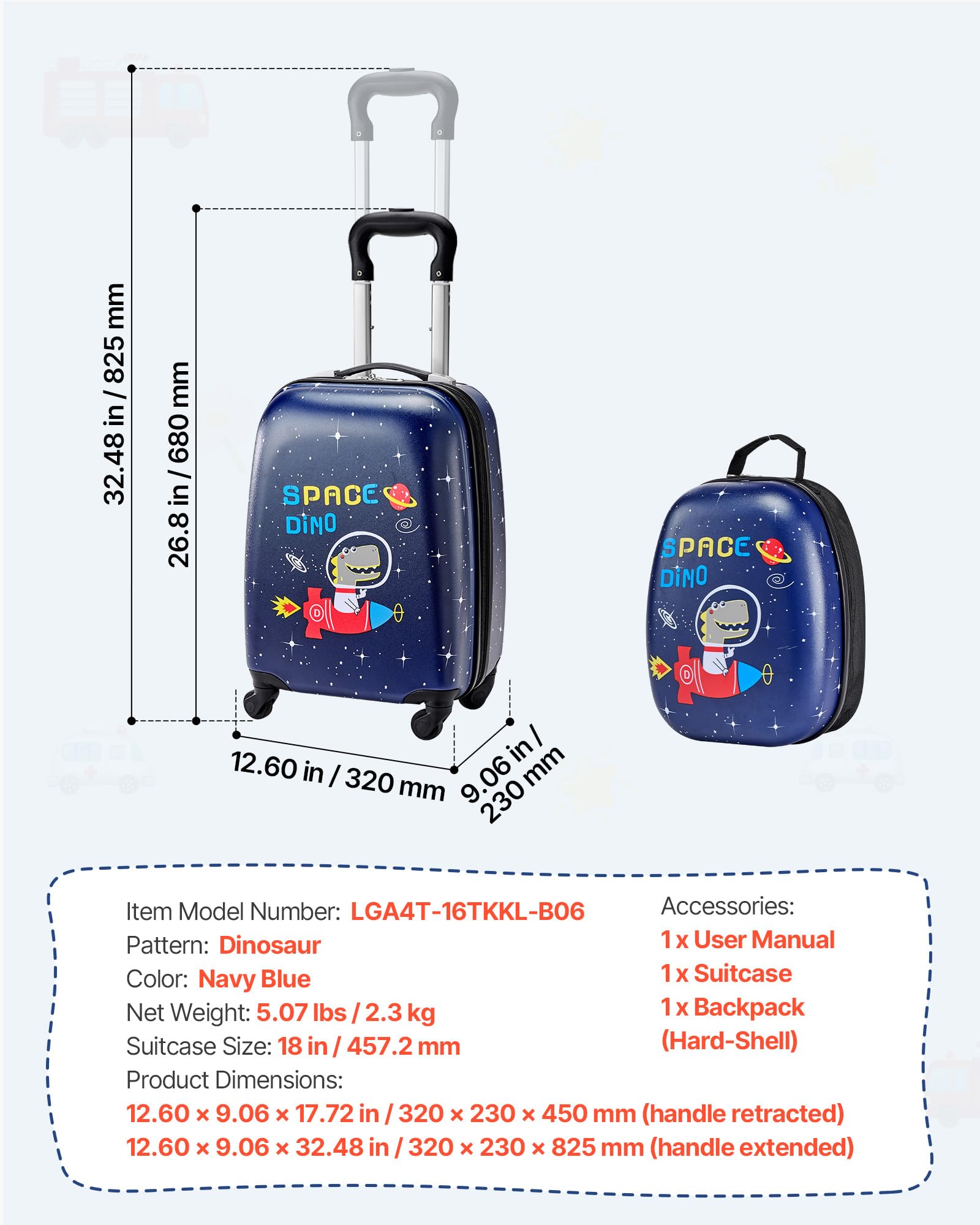 VEVOR Juego de Maletas Infantiles 2 Piezas, Maleta de Cabina con Ruedas 45,7 cm, Mochila de Carcasa Dura, Dinosaurio Azul Marino, Equipaje Infantil para Escuela Viaje Camping, Aprobado por Aerolíneas
