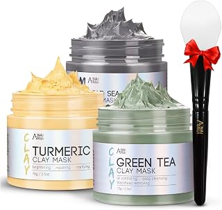 ANAI RUI 3-Pc Clay Face Mask Set: Turmeric, Green Tea & Dead Sea Mud Masks for Oily Skin, Blackheads, Pores - Spa Self-Care Gift (2.5oz Ea)