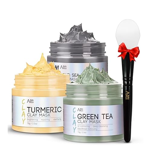 ANAI RUI 3 Pcs Face Mask Set - Turmeric Clay Mask - Green Tea Face Mask - Dead Sea Mud Mask for Oily Skin, Blackheads & Pores - Spa Gift Set Self Care Valentines Day Gifts for Women (2.5 oz Each)