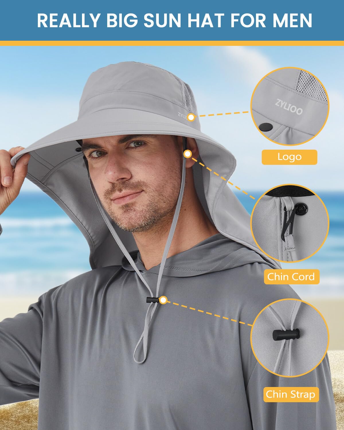 Zylioo Chapeaux de protection UV XXL/XL avec rabat pour le cou, grand chapeau de soleil pour homme avec masque rafraîchissant à large bord pour la pêche