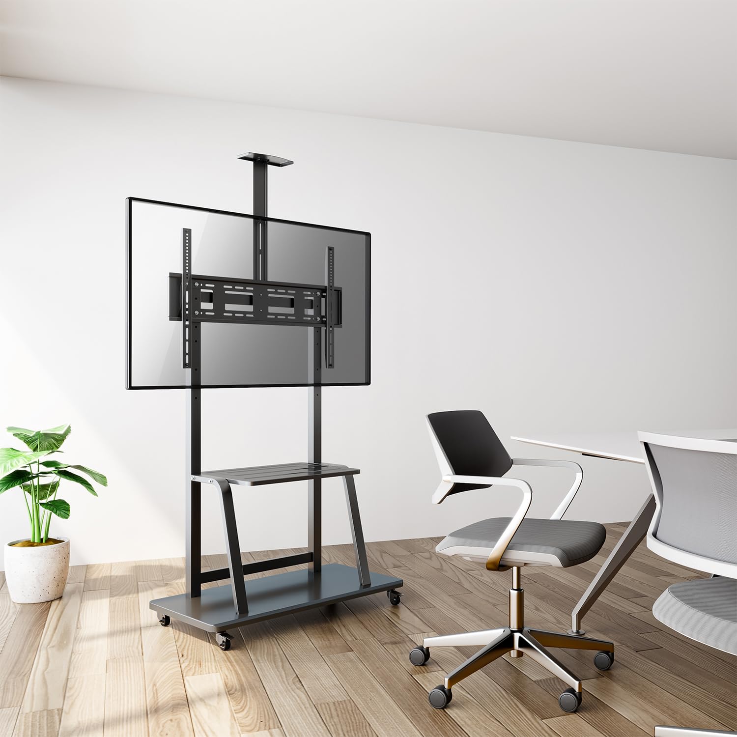 AISENS - FT100E-135 - Soporte de Suelo Eco con Rueda, Bandeja para DVD y Soporte de Cámara para Monitor/TV 150Kg de 37-100, Negro