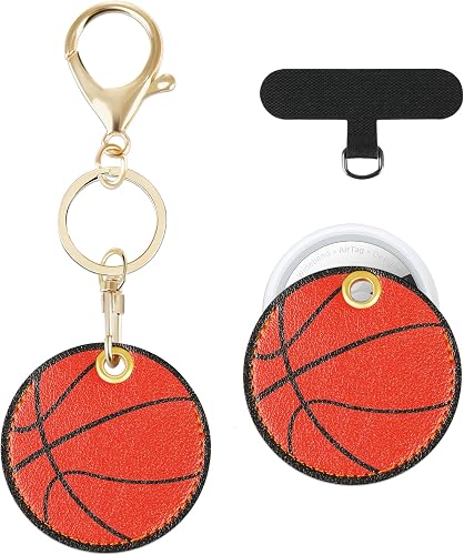 Basketball Keychain Holder for AirTag, Premium PU Leather GPS Tracker Case with Phone Lanyard Tether Tab, Anti-Scratch Protective Cover for Keys, Kids Backpack, Luggage - Sports Gift for Boys & Men