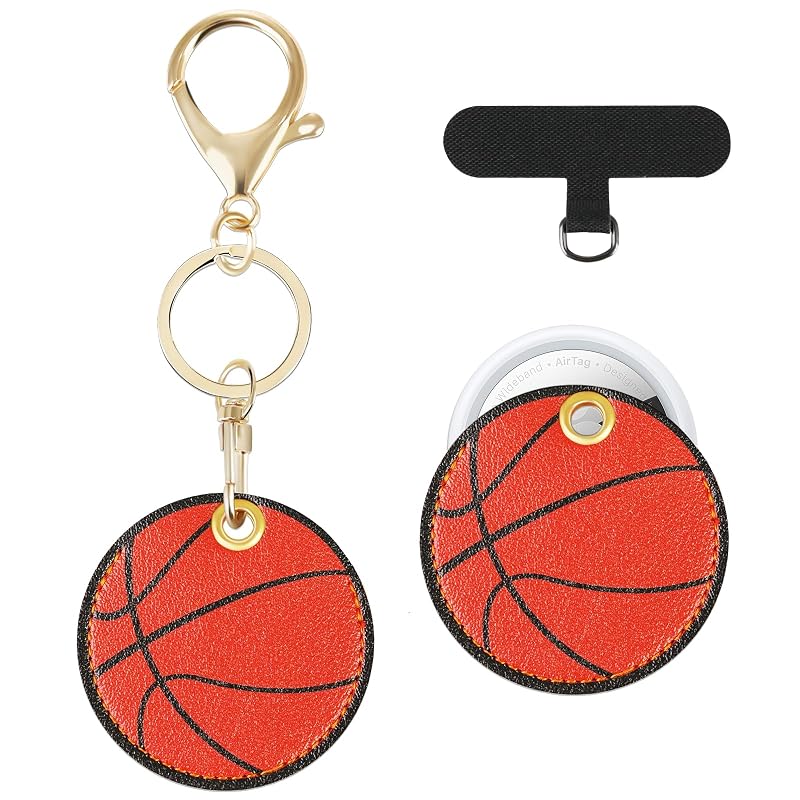 Capa porta AirTag em formato de bola de basquete Eyourlife com argola e aba para telefone em couro sintético PU