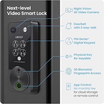 Lockly Vision Zeno Smart Lock with Video Doorbell Camera, Fingerprint Keyless Entry with Apple Home Key, Wi-Fi Deadbolt for Front Door, PIN Genie Keypad, App Remote Control, 2 Rechargeable Batteries