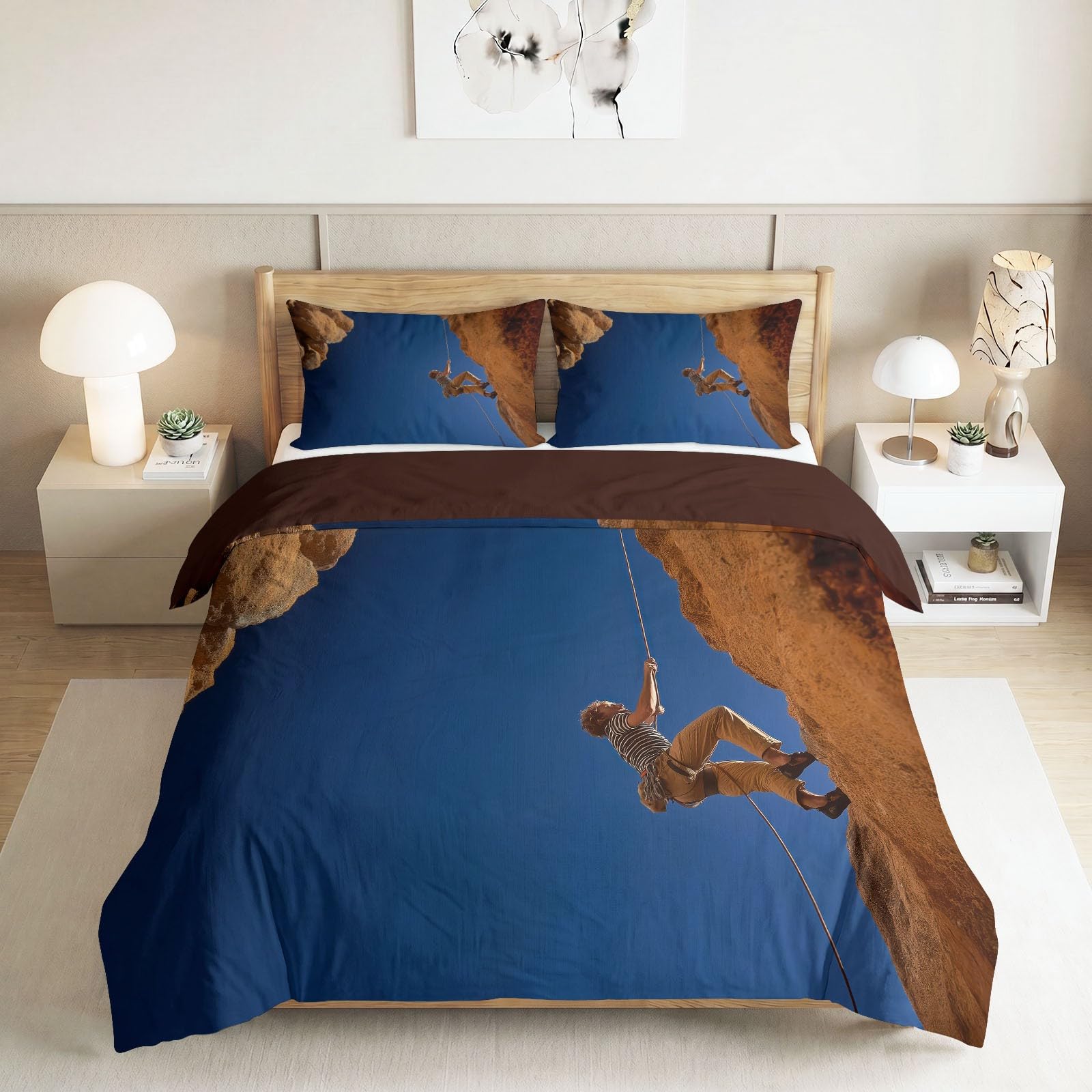 Generisch Bettwäsche Set 3-teilig 200 x 200 cm, Natur Kinderbettwäsche Mikrofaser mit Reißverschluss - Bettbezug Kletterer Klippe für Jungen Mädchen Dunkelbraun Bettwaren