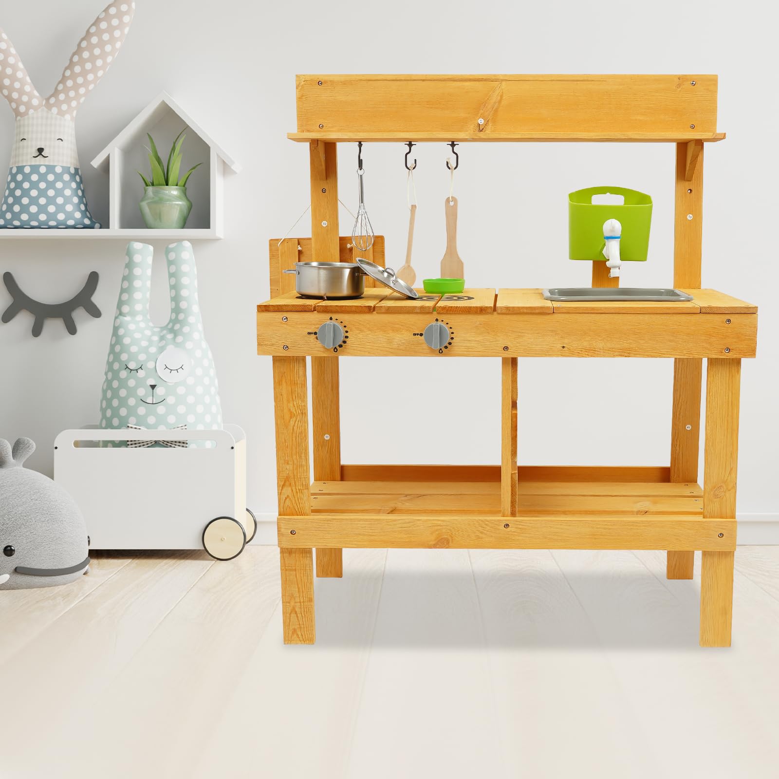 Matschküche Kinder Outdoor, Kinderküche Holz mit Spüle, Outdoor-Matschküche aus Holz, Gartenküche Outdoorküche, Spielküchen-Set für Kinder von 3-8 Jahren