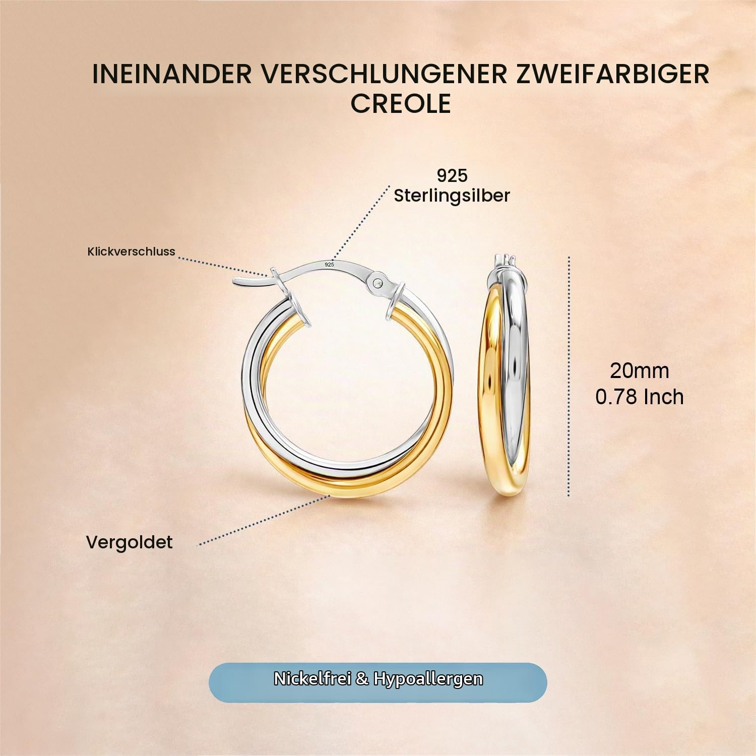 LeCalla Sterling Silber Schmuck Zwei-Ton-Drei-Ton Verflechtung Oval & Runde Form poliert klobige Reifen Ohrringe für Frauen