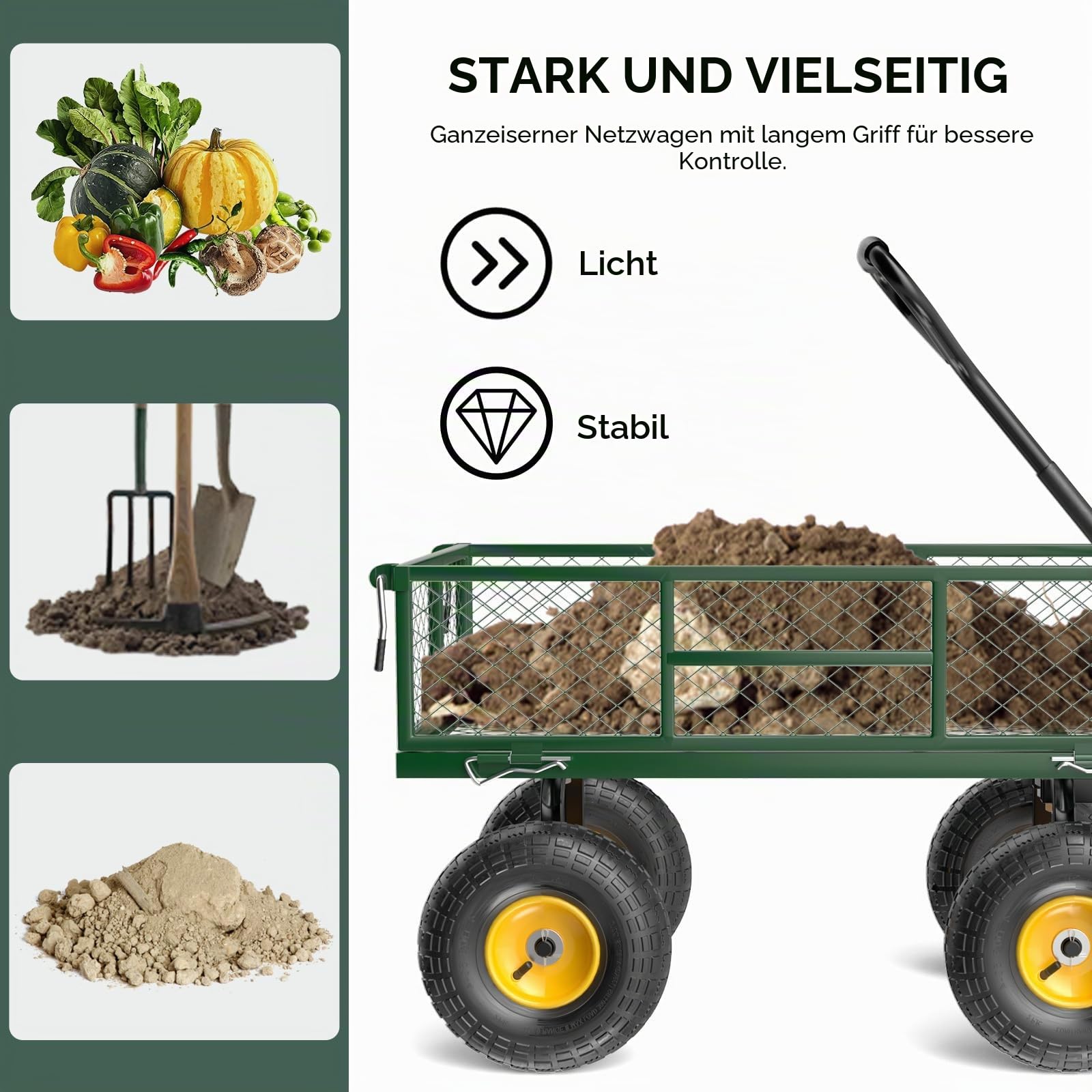 Bonnlo Gartenwagen, Bollerwagen Metall mit 180° drehbarem Griff und abnehmbarem Eisennetz, 363 kg Schwerlast-Nutzwagen, Kippwagen für Garten, Rasen und Landschaftsbau (Grün, 95,5 x 51 x 90 cm)