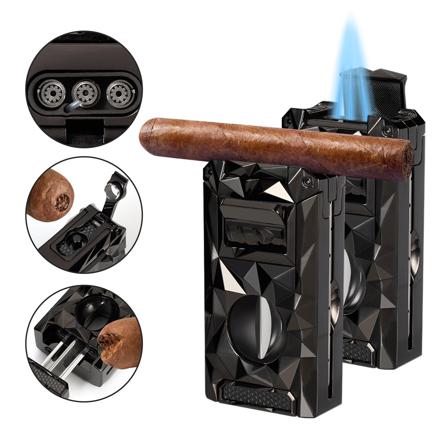 Briquet torche avec flamme jet anti-vent, coupe-V intégré et aiguille, briquet rechargeable en métal au gaz butane, briquets de poche multifonctionnels tout-en-un pour bougies, cadeaux pour hommes