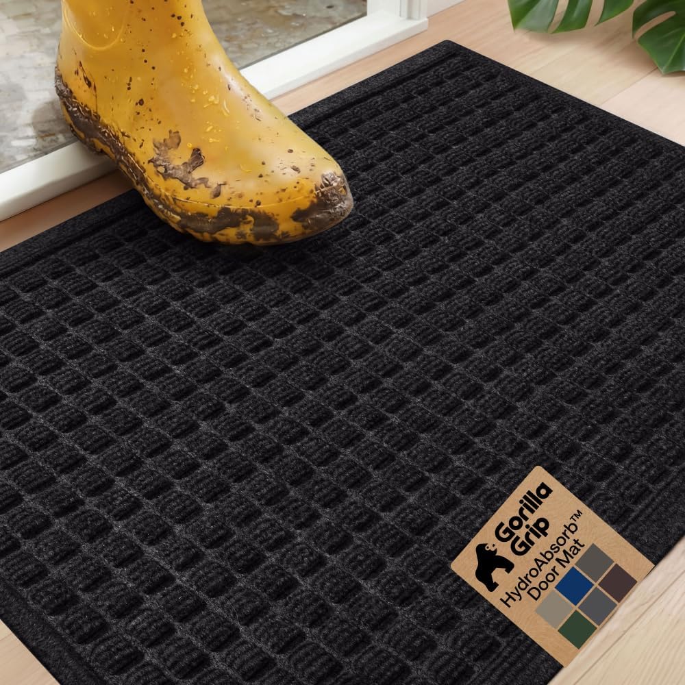 Gorilla Grip Durable All Weather Absorbent Doormat, Dries Quickly, Absorbs Up to 1.7 Cups of Water, Stain and Fade Resistant, Captures Dirt, Indoor and Outdoor Mats, Boot Scraper, 29x17, Black