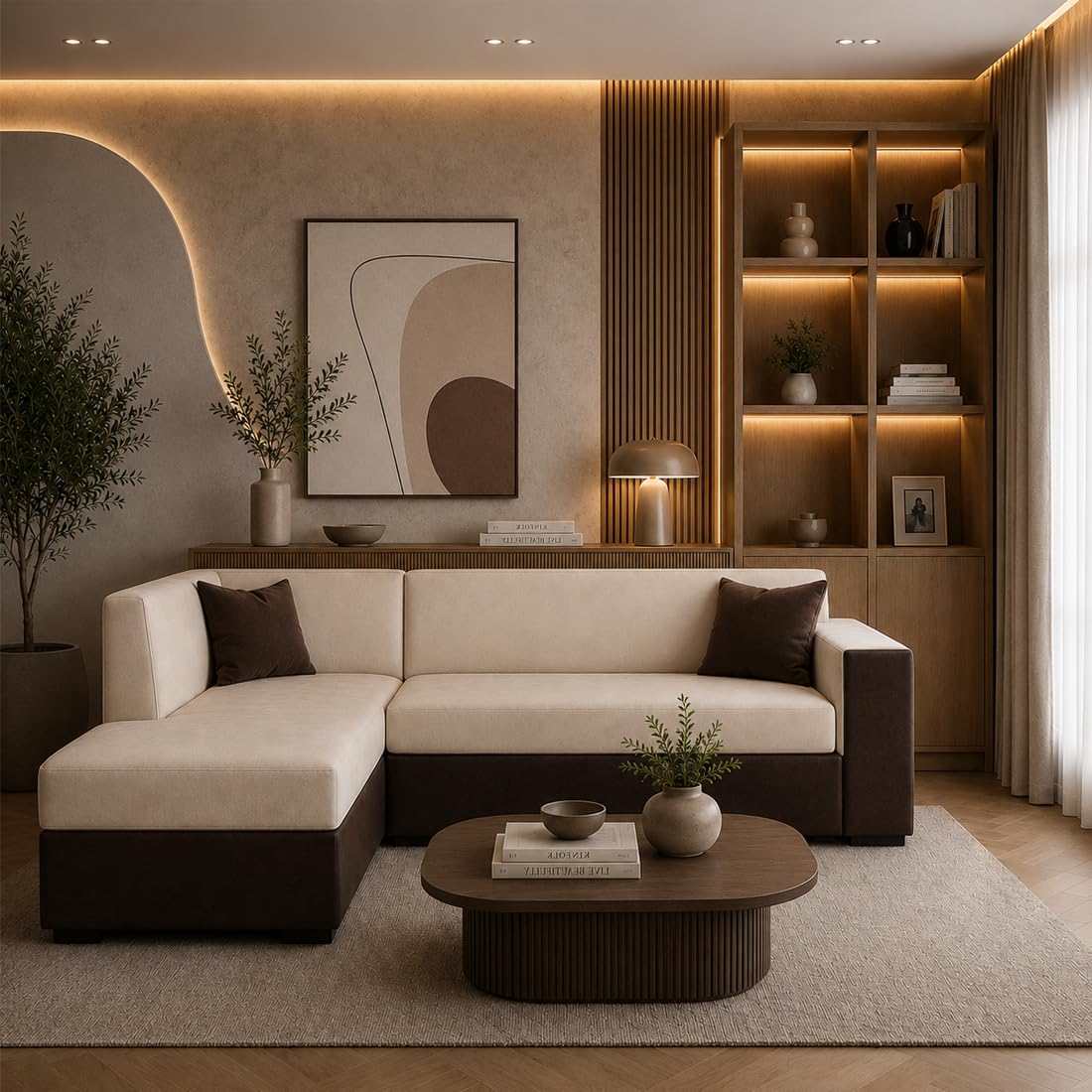 Alvaro Rossey 6 Seater Velvet Fabric L Shape Sectional Sofa Set, Left Hand Facing Lounger, Modern Living Room Furniture for Home, Office & Hotel - Cream & Brown-image-14