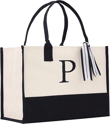 Personalized Gift Monogram Initial 100% Cotton Two Tone Chic Tote Bag with Customize Option - Black