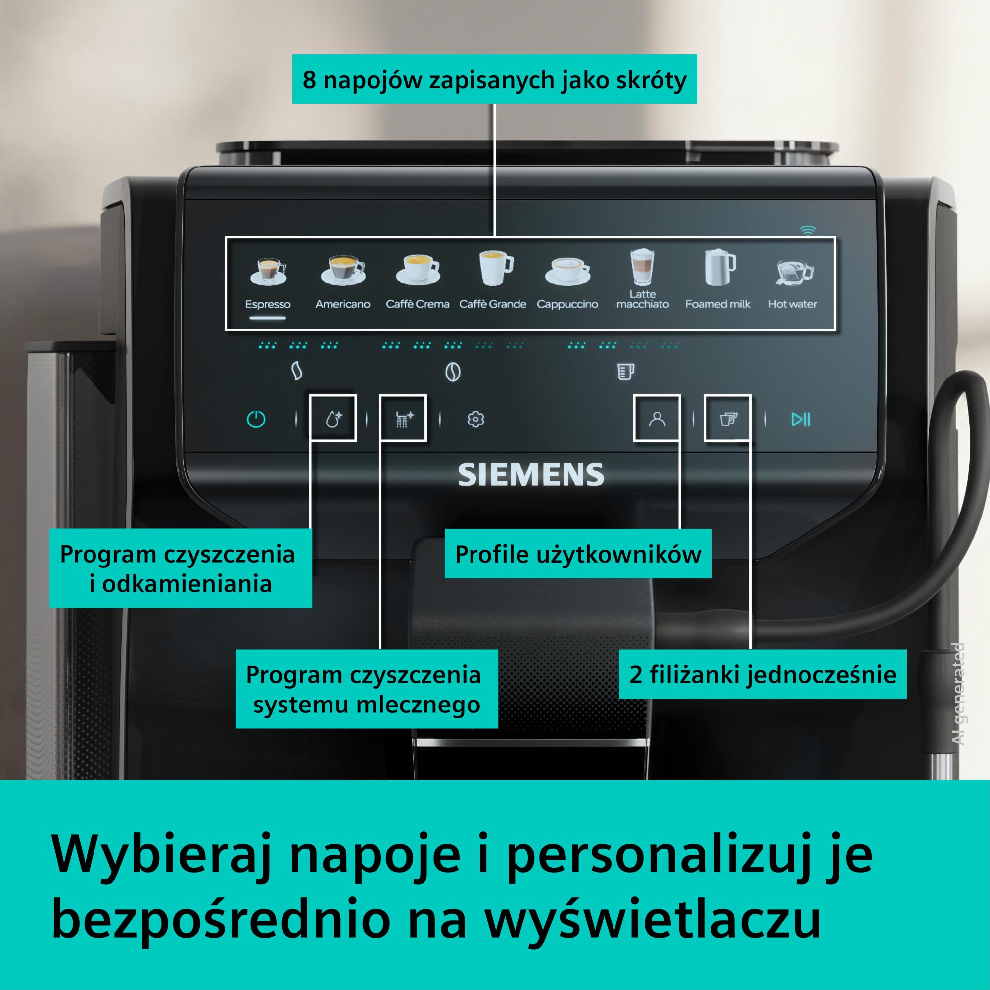 Siemens EQ500 iAroma, w pełni automatyczny ekspres do kawy ze zintegrowanym młynkiem, dotykowe sterowanie dla 8 napojów i szybka personalizacja, łatwe czyszczenie, czarny, TP553E19