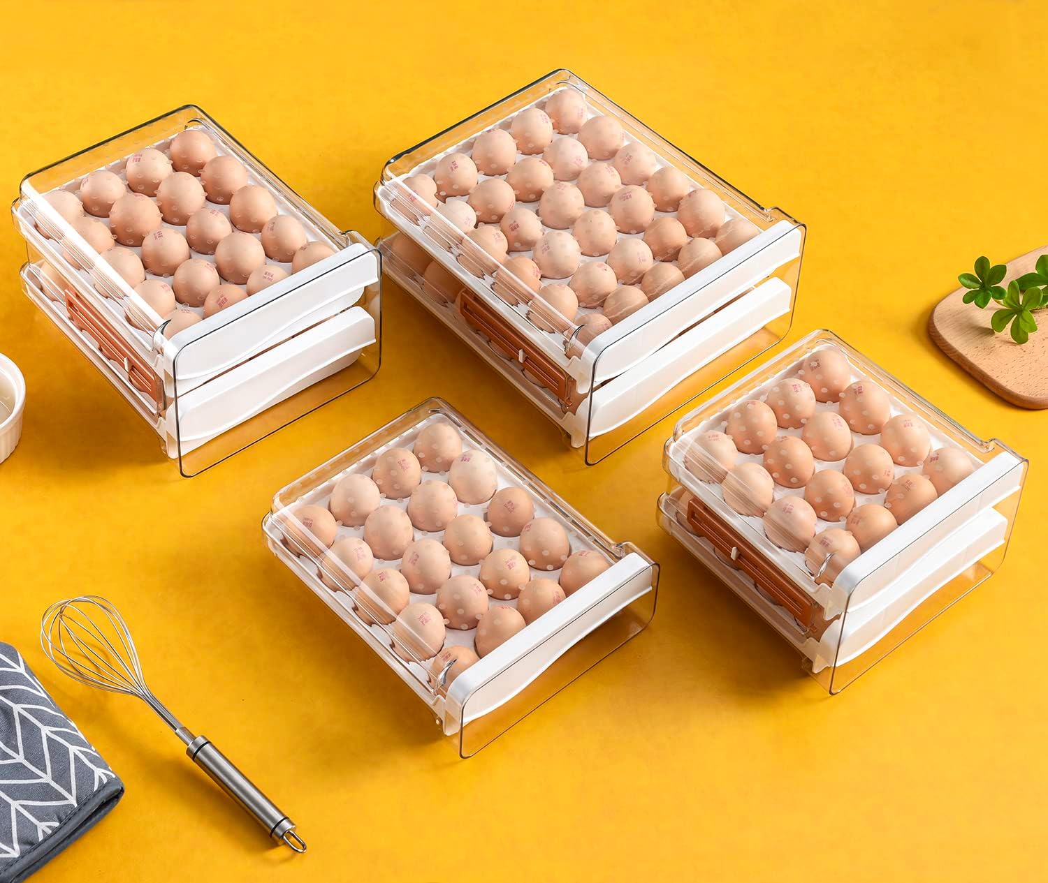 Sooyee 60 Capacity Egg Container for Refrigerator, Household Egg Holder for Fridge, Transparent 2 Drawers Chicken Egg Storage Container,White