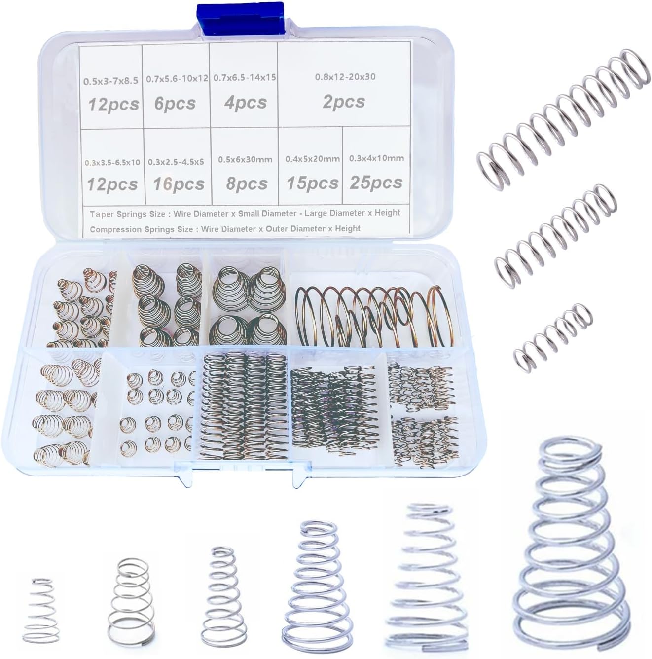 100pcs Conical Spring Assorted Set, 304 Stainless Steel Metal Taper Compression Small Springs
