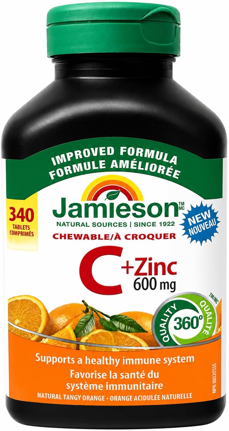 Vitamin C + Zinc Chewable Tablets Comaptible with Jamieson – Orange Flavour,Immune Support Supplement, Great-Tasting Chewable Vitamins, 600 mg, 340 Tablets