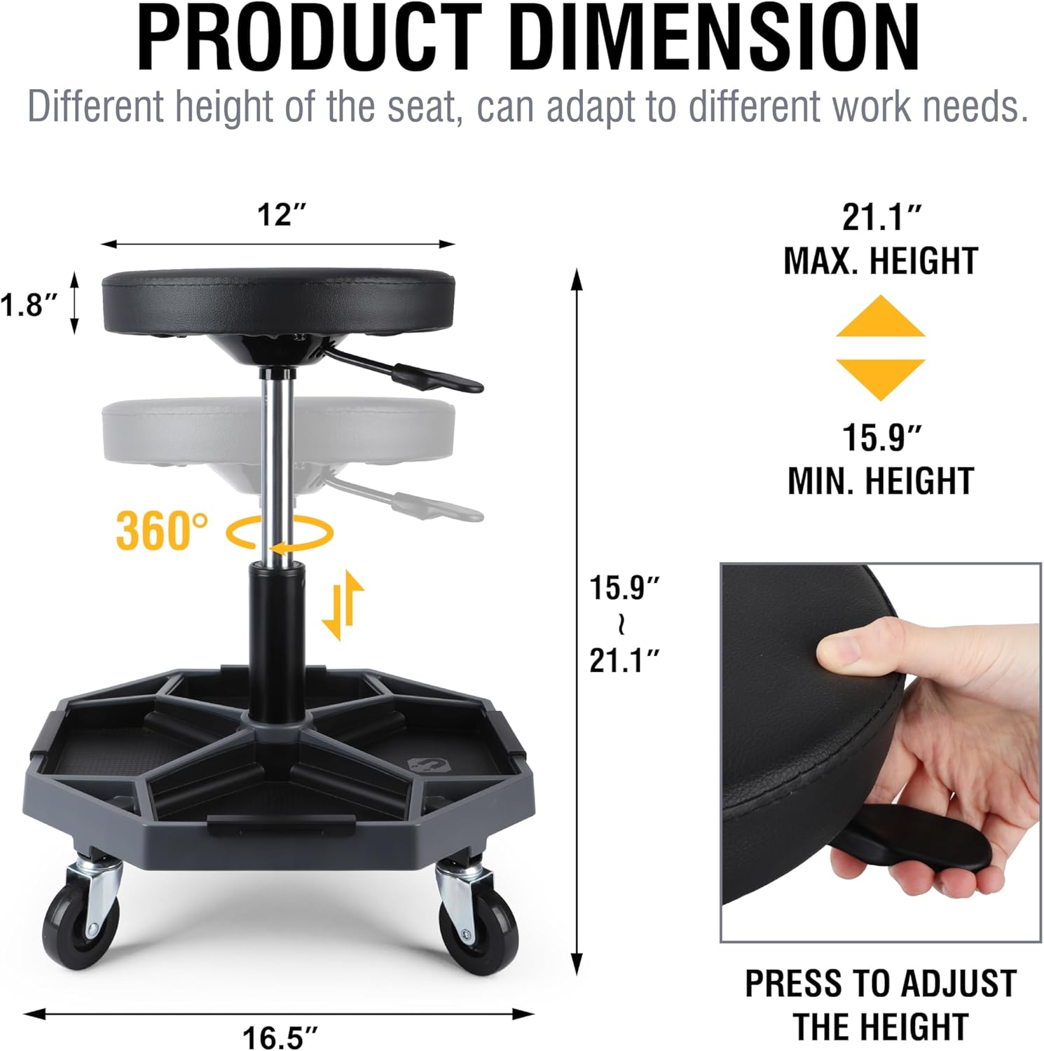 Olympia Tools Adjustable Hydraulic Rolling Mechanics Stool with with Removable Tool Tray, 300lbs Max Weight Capacity, 419-110-1002