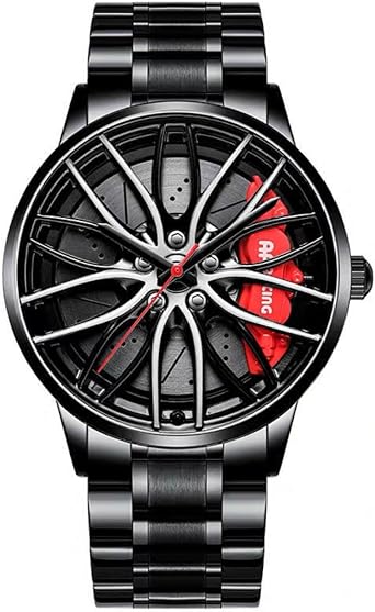 Men Watches Creative Watches,Men's Waterproof Sport Watch,3D Car Rim,Wheels,Mens Quartz Watch Black Steel Band Wheels Red