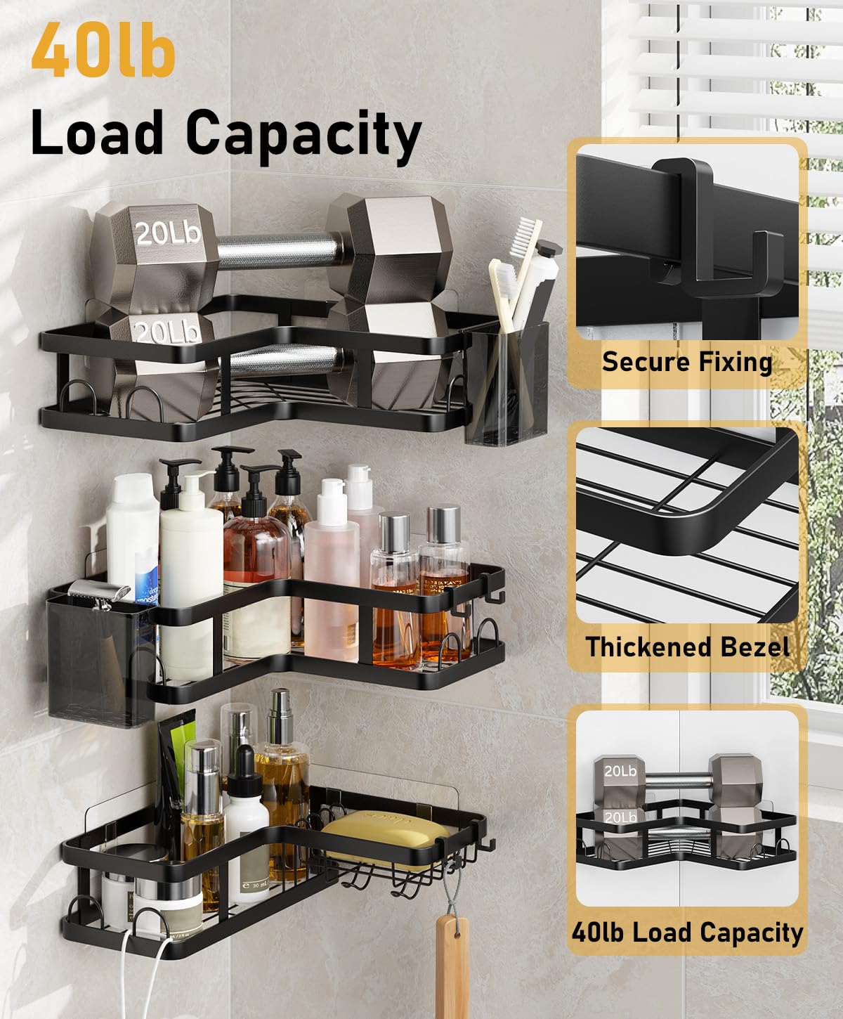 PUPILLEMON 3 Pack Corner Shower Caddy Organizer, Rustproof Corner Shower Shelves, No Drilling Bathroom Corner Shelf with Hooks and Toothpaste Holder - 4