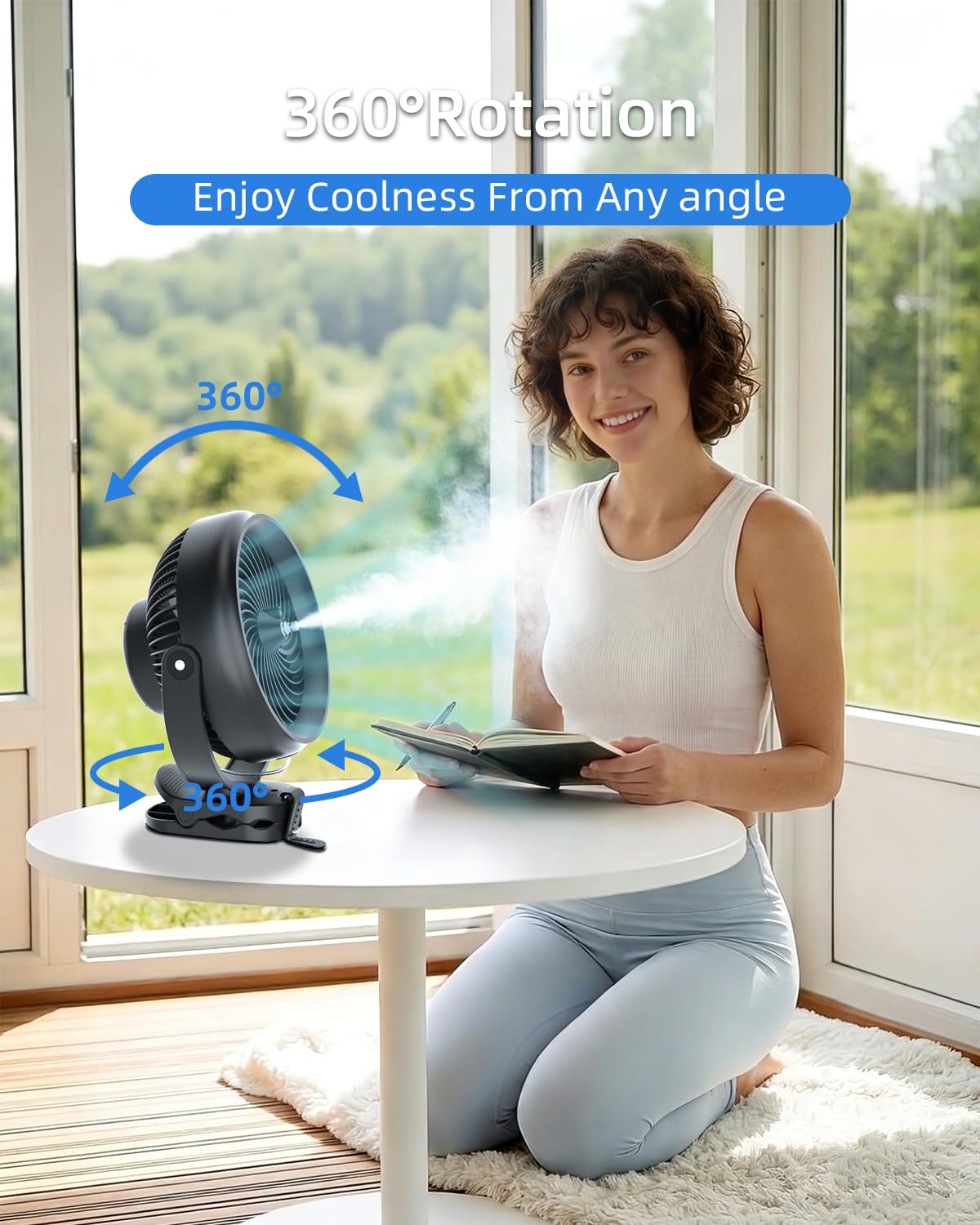 ATEngeus Ventilador de niebla de 8 pulgadas con clip, ventilador de clip de 20000 mAh, 3 velocidades, 3 modos de niebla, gancho, correa de silicona, tiempo de funcionamiento máximo de 90 horas para