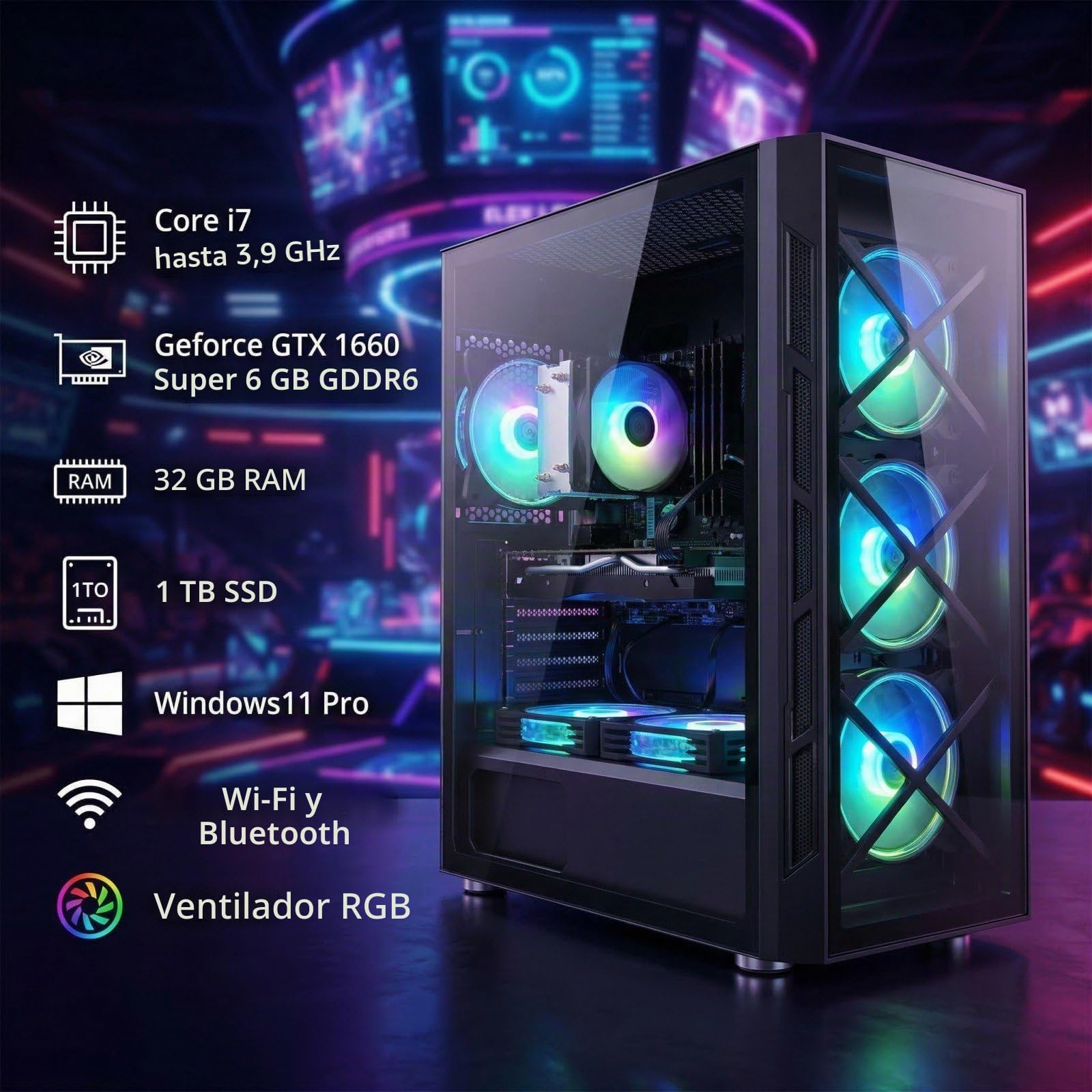 STGsivir PC Gaming, Ordenador de Sobremesa Gaming, Core i7 hasta 3.9GHz, Geforce GTX 1660 Super 6GB GDDR6, 32GB RAM,1TB SSD,WiFi 6,BT5.0,RGB Ventiladores x6,Windows11 Pro