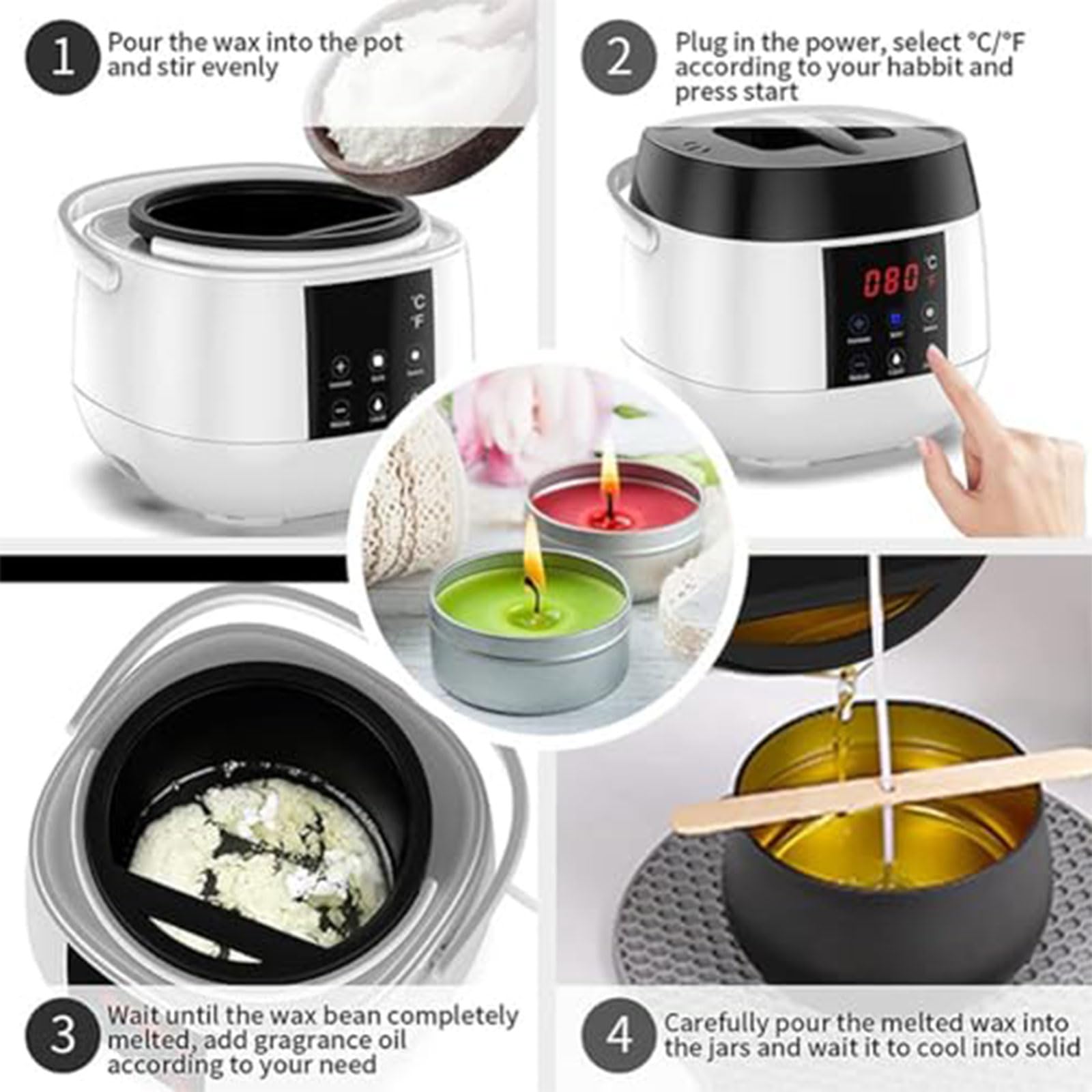 Electric Candle Wax Melting Pot, Zestaw DIY do Robienia Świec z Wyświetlaczem LED Temperatury & Funkcją Pamięci, Regulacja Temperatury 35–120℃, Mały Topielnik do Wosku Parafinowego i Kokosowego