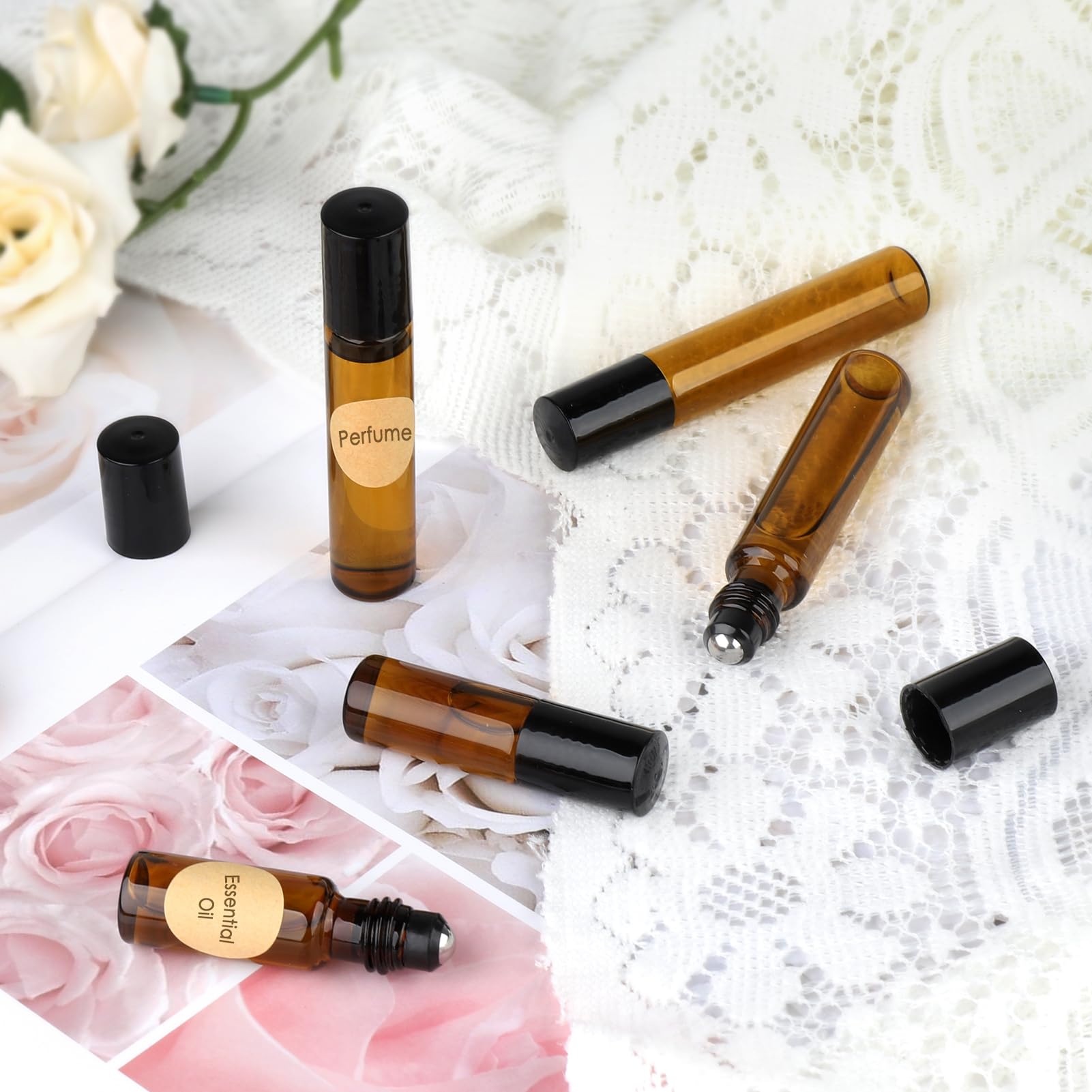 MELLIEX 15 sztuk szklanych butelek na olejki eteryczne, brązowe, puste butelki 10/5 ml, z kulką ze stali nierdzewnej, do aromaterapii, mieszanek do masażu