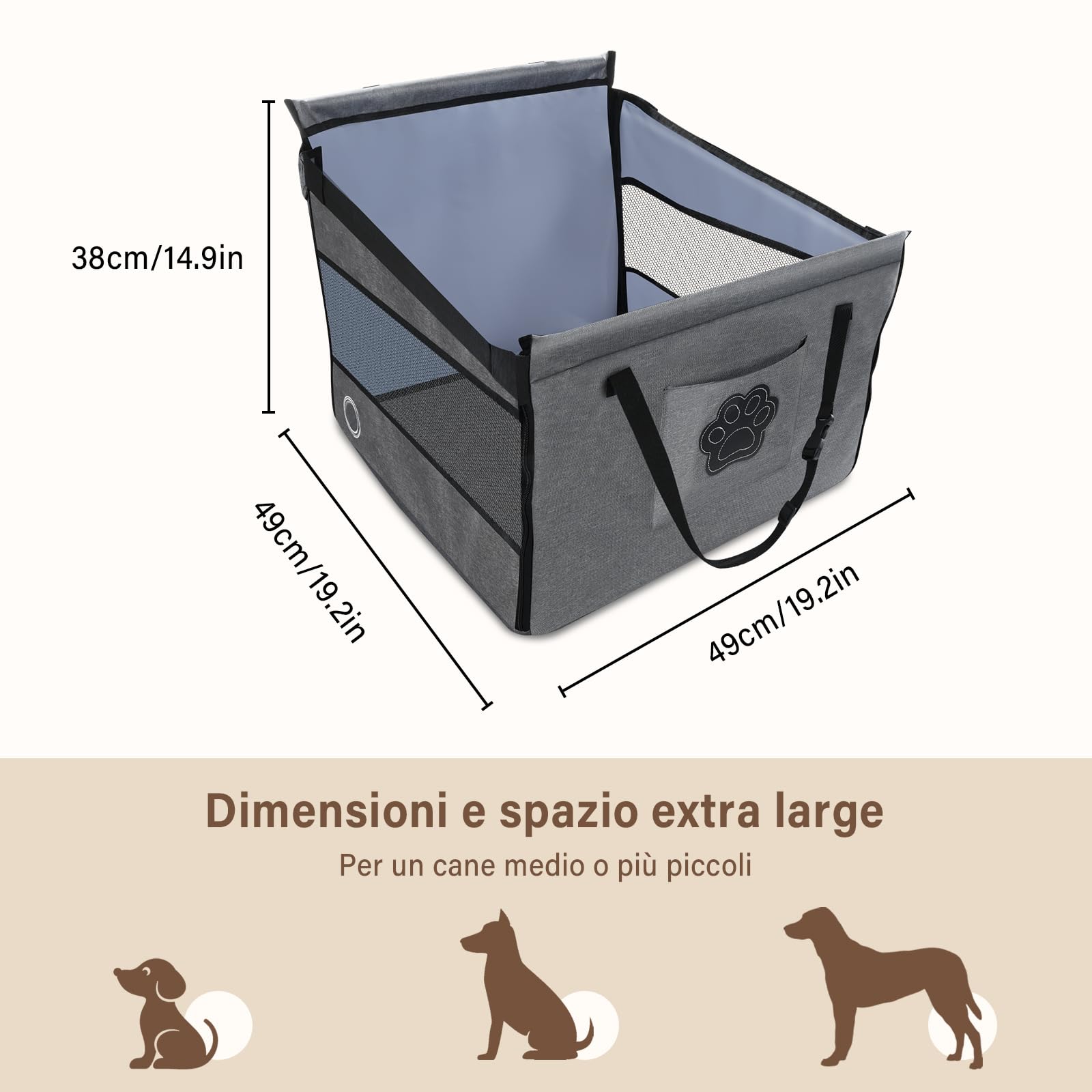 Seggiolino auto sicuro per, comodo cestino per auto per cani, protezione per auto per cani con finestra ventilata, cinghia regolabile, compatibile con tutti i veicoli (49x49x38 cm)