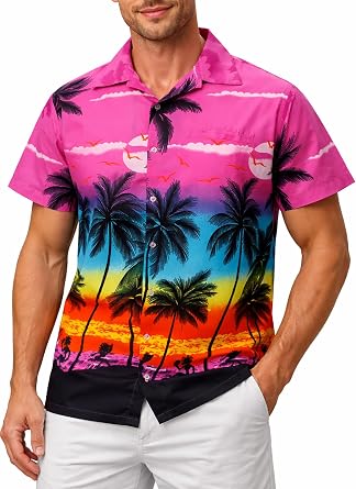 KING KAMEHA Plus Size Mens Hawaiian Shirt Short Sleeve Aloha Summer Shirt with Beach Print, Lightweight, Easy Care