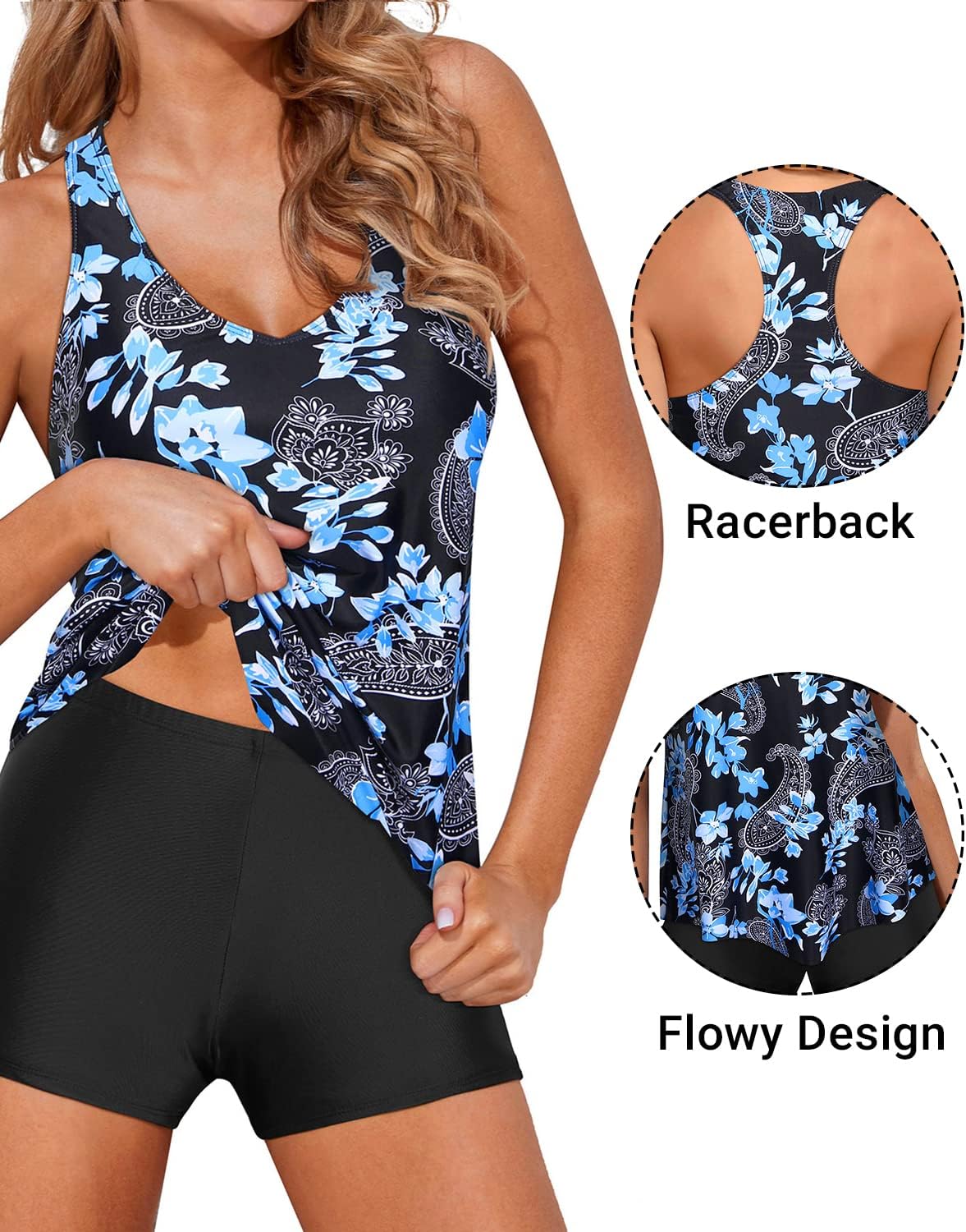 Holipick Two Piece Tankini Swimsuits for Women Tummy Control Bathing Suits Flowy Swim Tank Top with Boy Shorts - Image 3