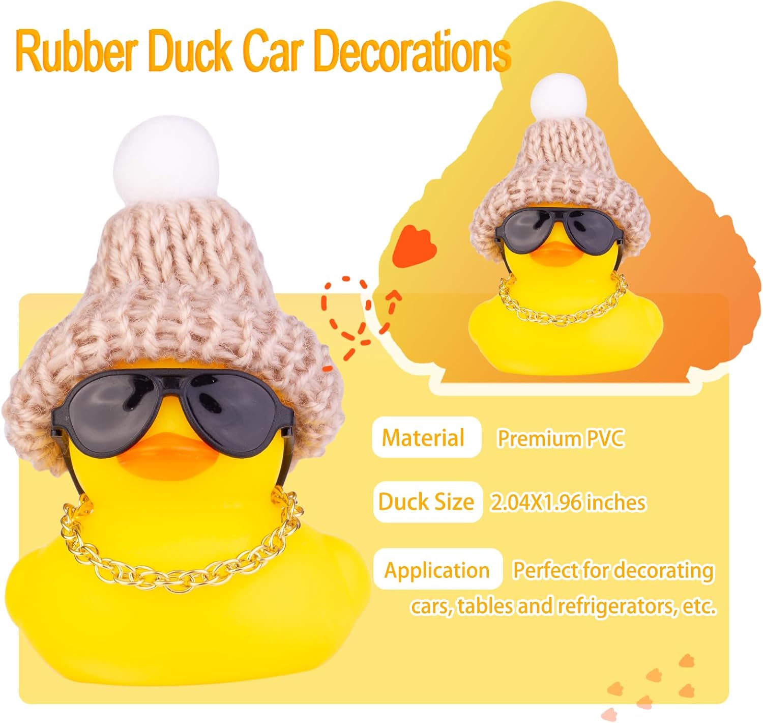 Car Rubber Duck Ornament Winter Duck Car Dashboard Decoration Accessories with Mini Beanie Hat Sunglasses Necklace for Car Dashboard Decoration