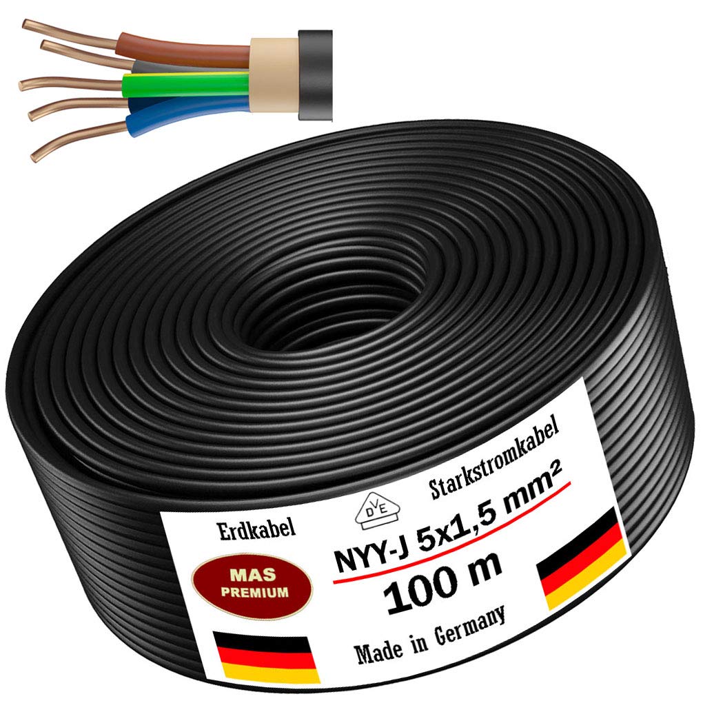 Câble d'alimentation de terre NYY-J, disponible en 5 à 100 m, 5 x 1,5 mm², électrique, avec anneau pour pose en extérieur, en sous-sol, 100 m