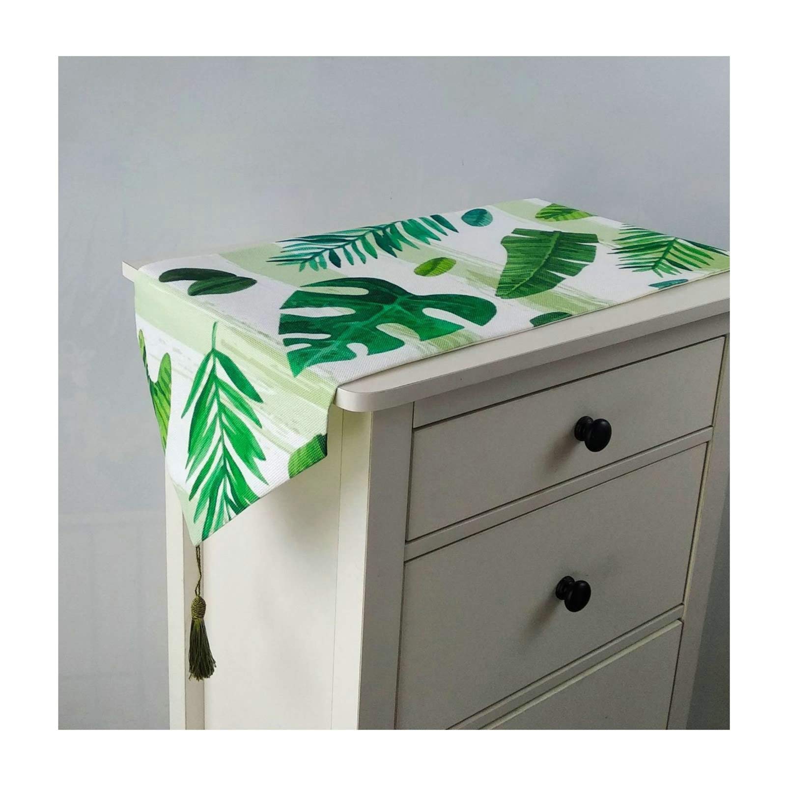 Aeici Camino de mesa rectangular de algodón y lino, diseño de hojas tropicales, camino de mesa de cocina, 33 x 117 cm, para fiestas, color verde