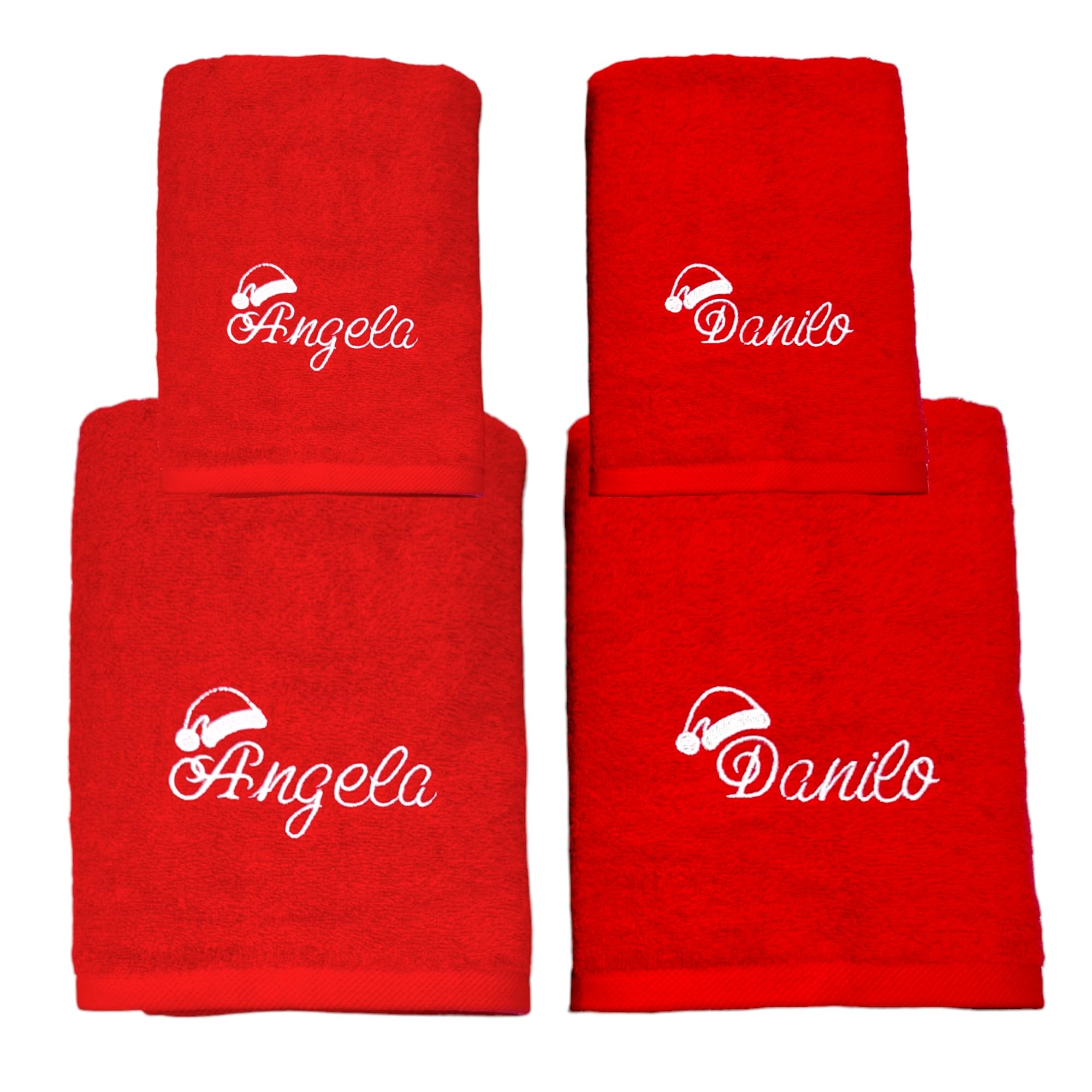 Regalo di Natale per coppia. Set asciugamani natalizi bagno personalizzati. 4 asciugamani rossi ricamati in 100% cotone.