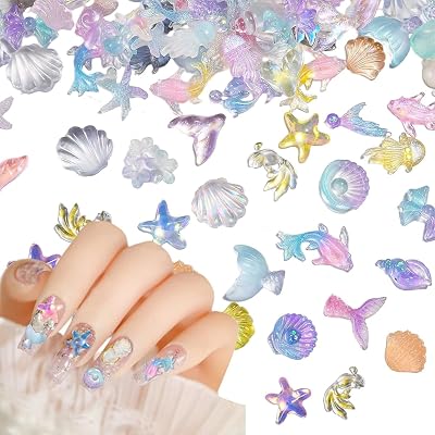 MAYCREATE® 50PCS Summer Beach Nail Resin Charms Ocean Theme Nails Rhinestone Diamonds 3D Starfish Charms Sea Shell Starf