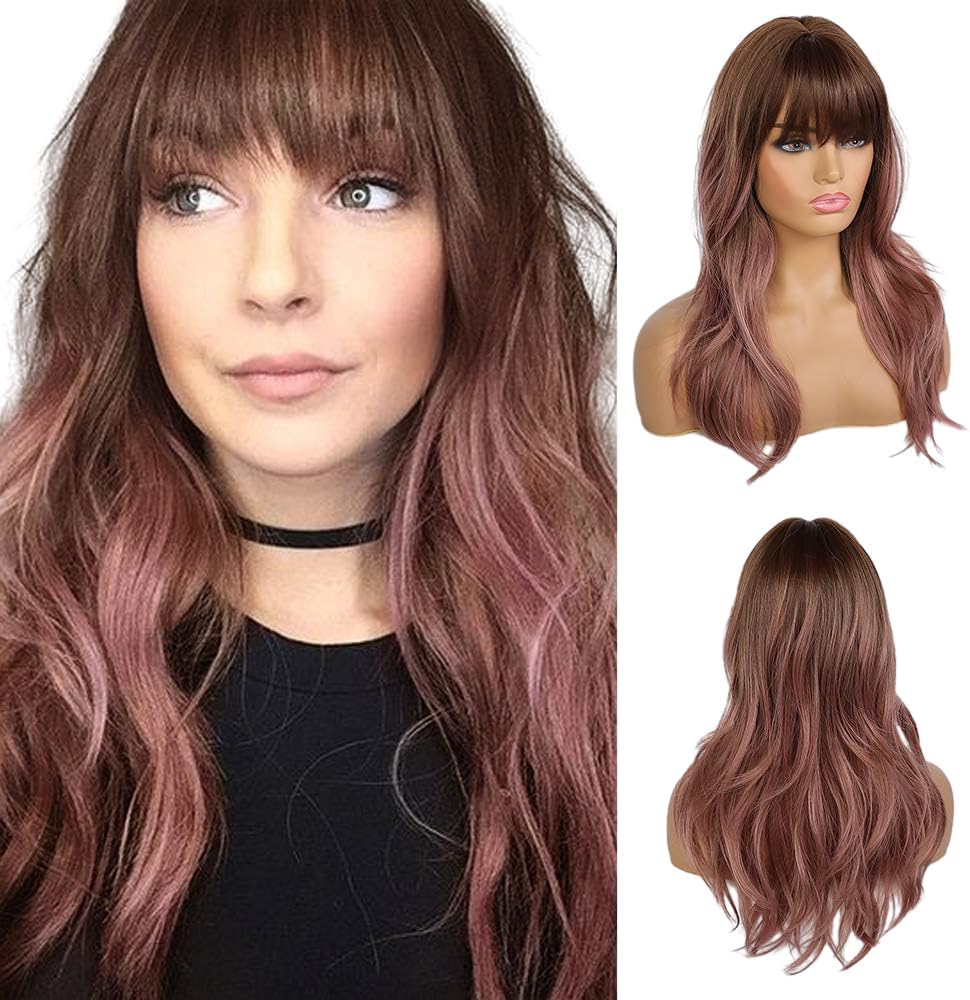 Long Wavy Wigs with Bangs Purple Pink Wigs for Women, 20 Inch Natural Curly Hair Wig With Air Bang Synthetic Ombre Wigs, Party Cosplay Daily Use