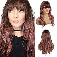 Vista 8 de EMMOR Peluca larga color rosa degradado para mujer, pelucas sintéticas de cabello rizado natural con raíz oscura y explosión, uso diario