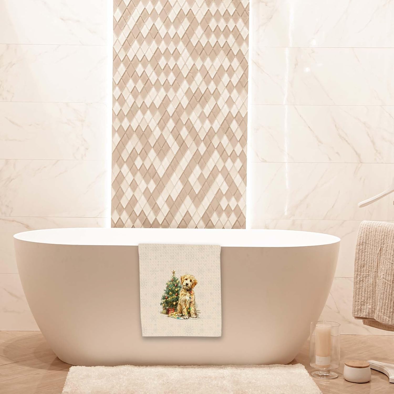 クリスマスツリー ゴールデンドゥードル キッチンタオル、犬好きへのギフトハンドタオル、クリスマススノーディッシュティータオル、キッチ