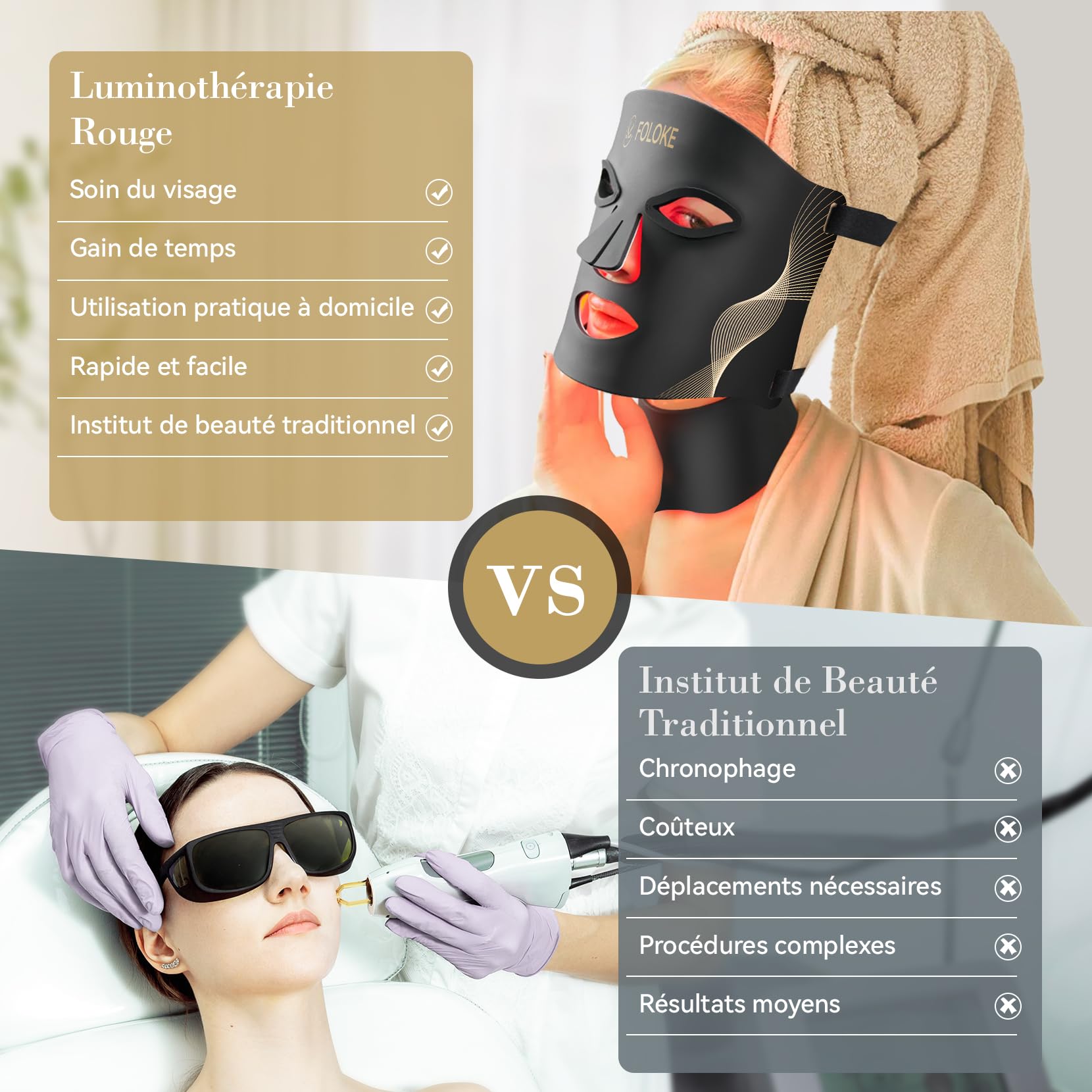 FOLOKE Masque LED de Luminothérapie Visage et Cou, LED à Lumière Rouge et Infrarouge, Masque Facial LED pour Soin du Visage à Domicile (Noir)