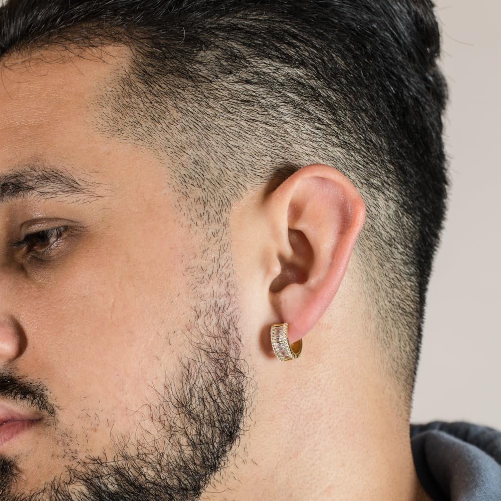 Iced CZ Huggie Trendy Elegant Hypoallergenic Chunky Yellow Gold Plated 925 Sterling Silver Post Brilliant Cubic Zirconia Thick Baguette Hoop Earrings For Men Women - Image 3