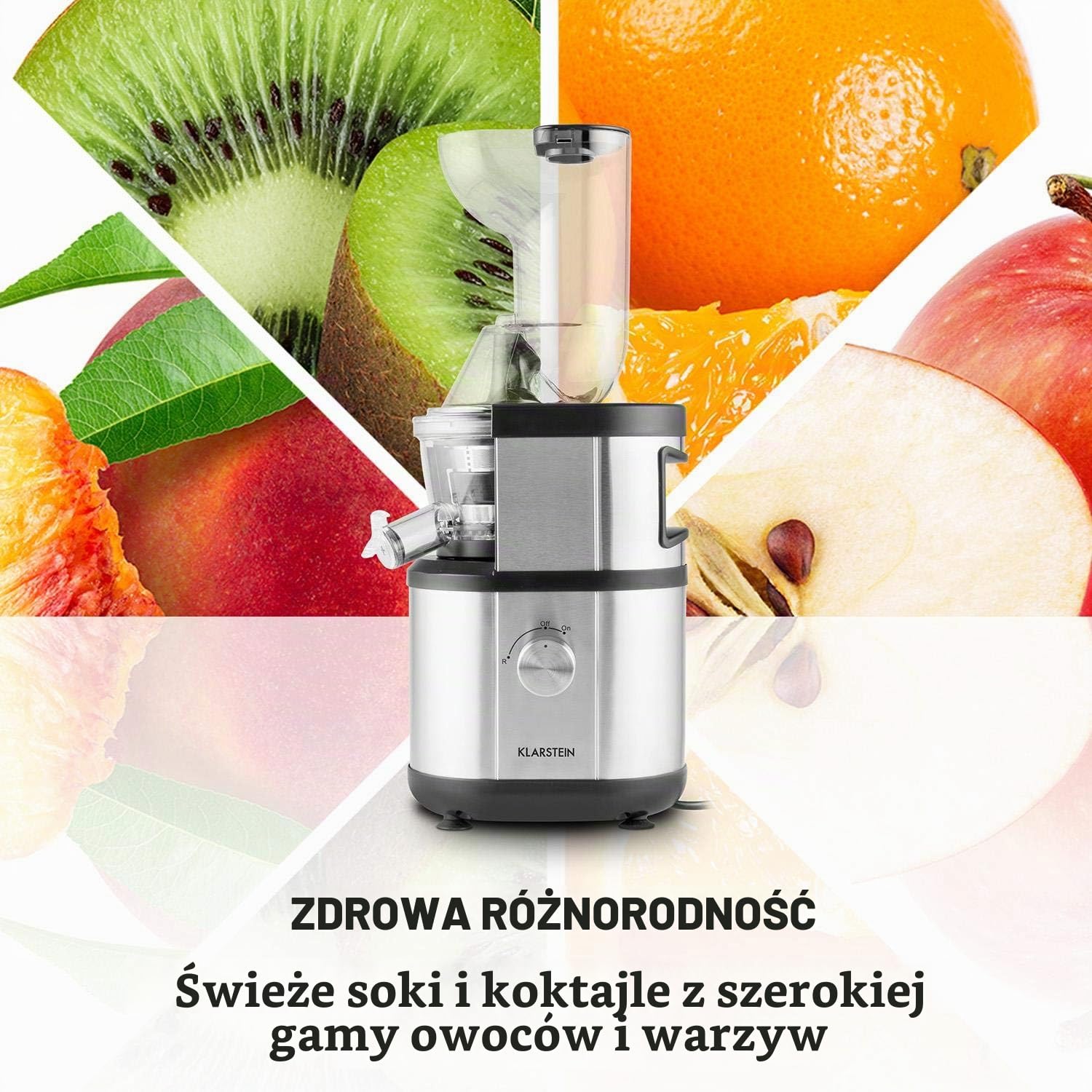 Klarstein Fruitberry - Wyciskarka do soków, Pionowa wyciskarka, Bardzo drobne mikrosito ze stali, Slow Juicer, 400 W, 60 obr/min, Bez BPA, W zestawie dwa pojemniki, Otwór wsadowy 8,5cm, cicha, srebrna